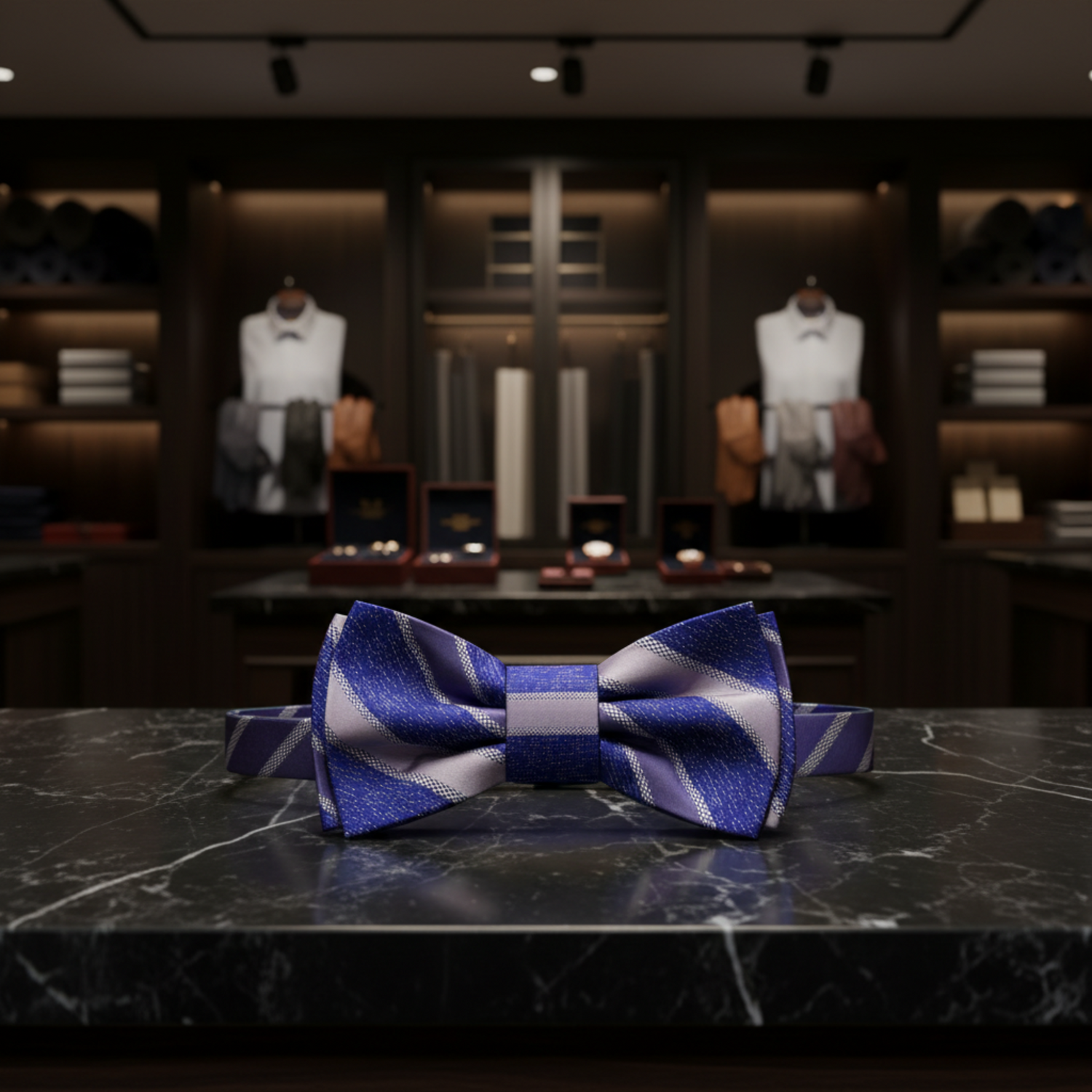 Blue and purple checkered bow tie on a black marble background