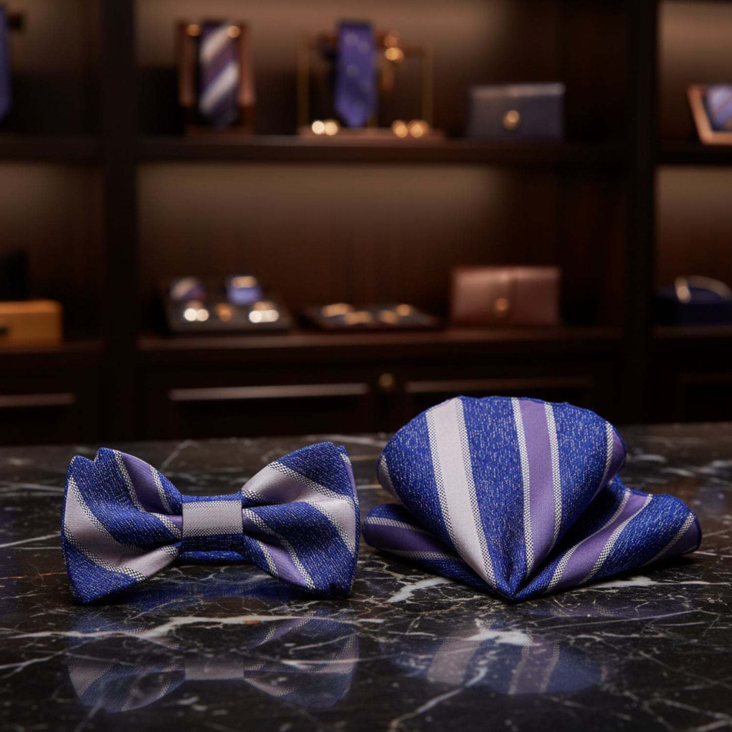 Purple and white striped bow tie and pocket square on a mannequin.