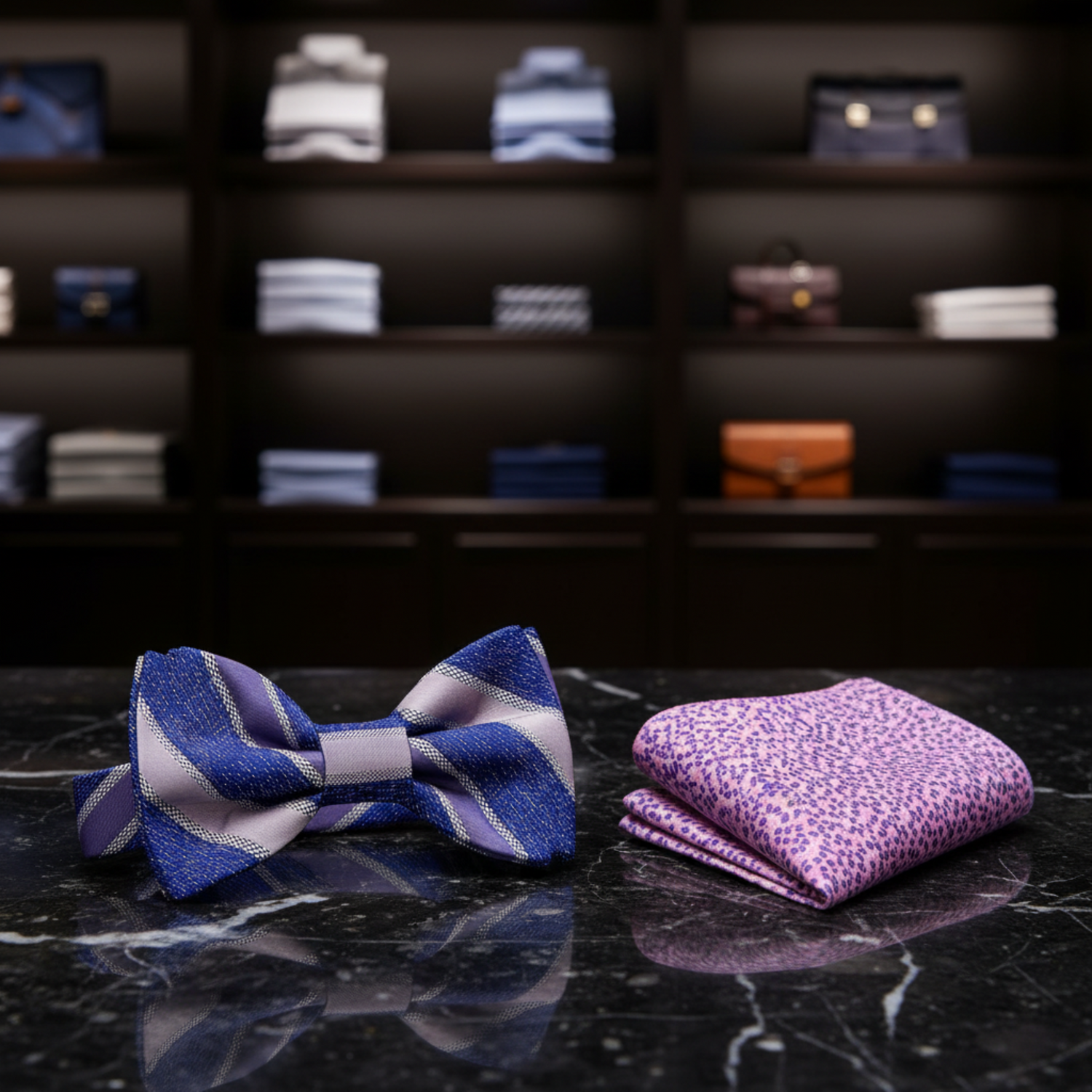 blue and purple stripe bow tie and accenting pocket square