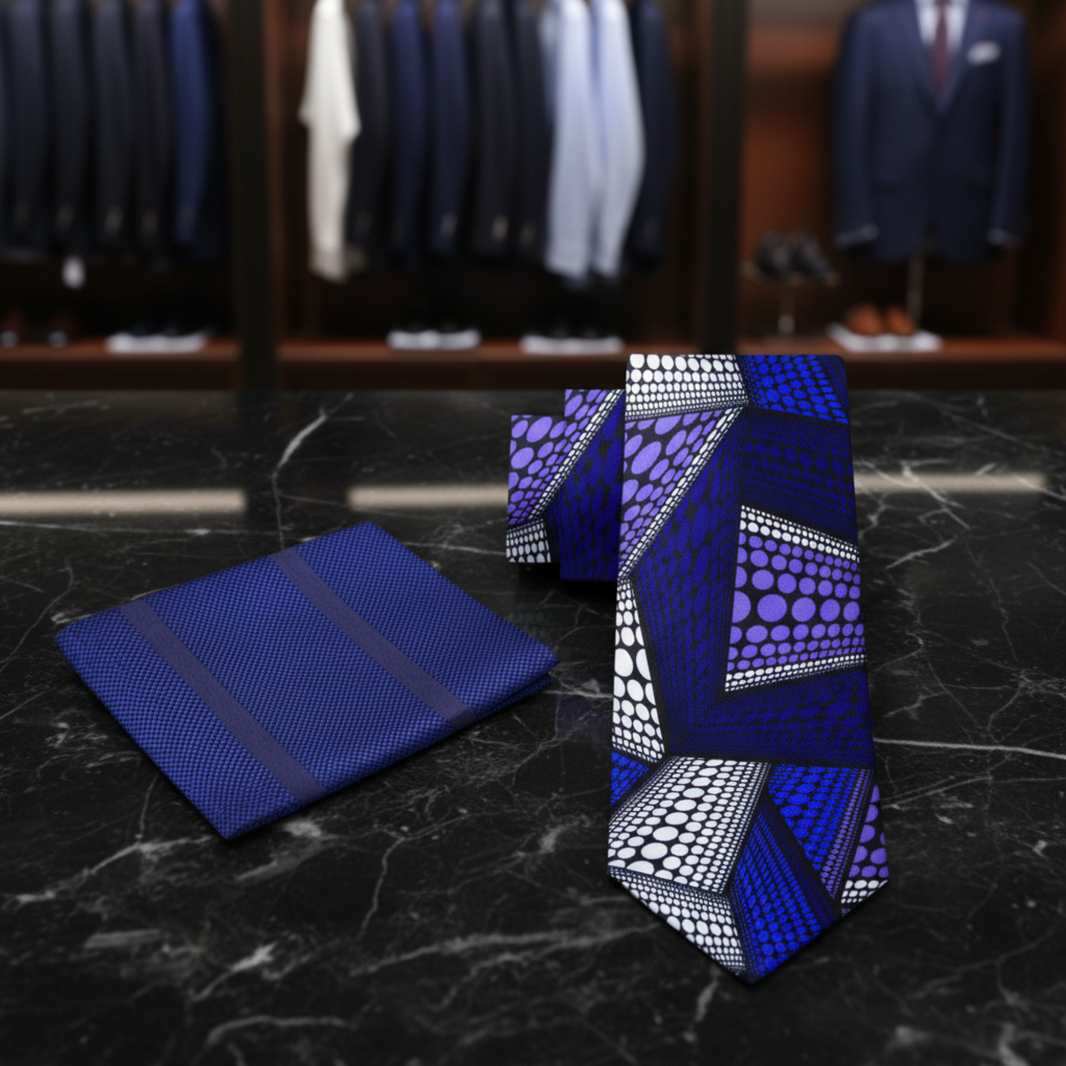 Alt View: Blue, Purple, White Abstract Polka Pattern Necktie with a Blue Stripe Texture Square