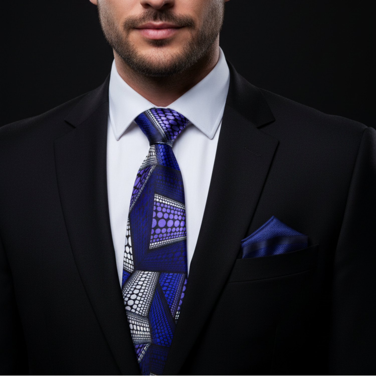 Man wearing a black suit with a blue patterned tie and pocket square on a dark background