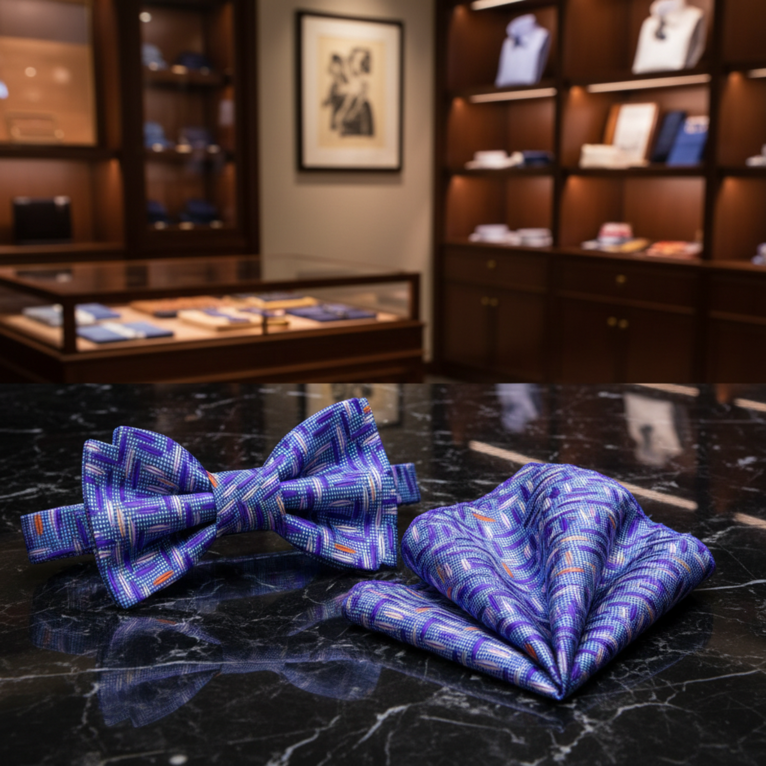 Blue, Purple, Light Pink, Orange Geometric Bow Tie and Pocket Square||Blue, Purple