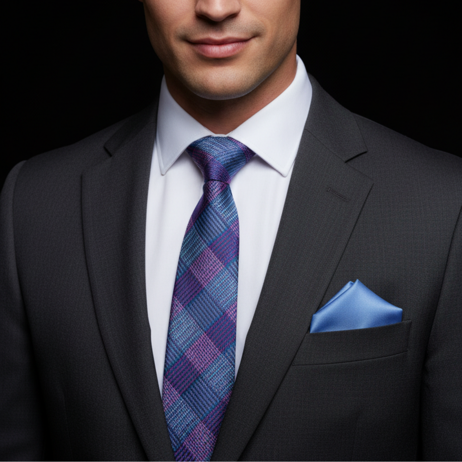 Blue and Purple plaid tie and light blue square on man with suit