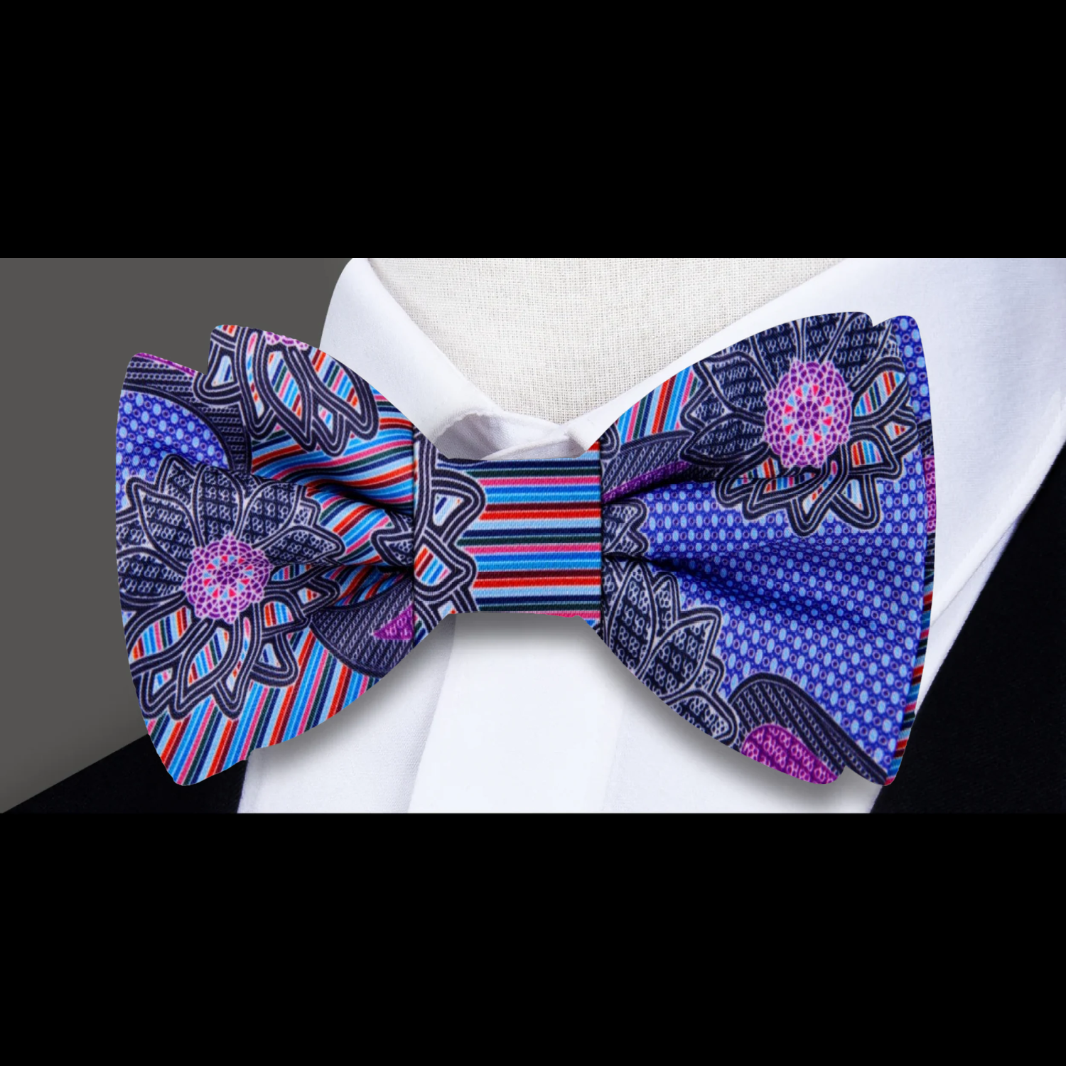 A Purple, Blue, Pink, Black Color Abstract Pattern Silk Bow Tie