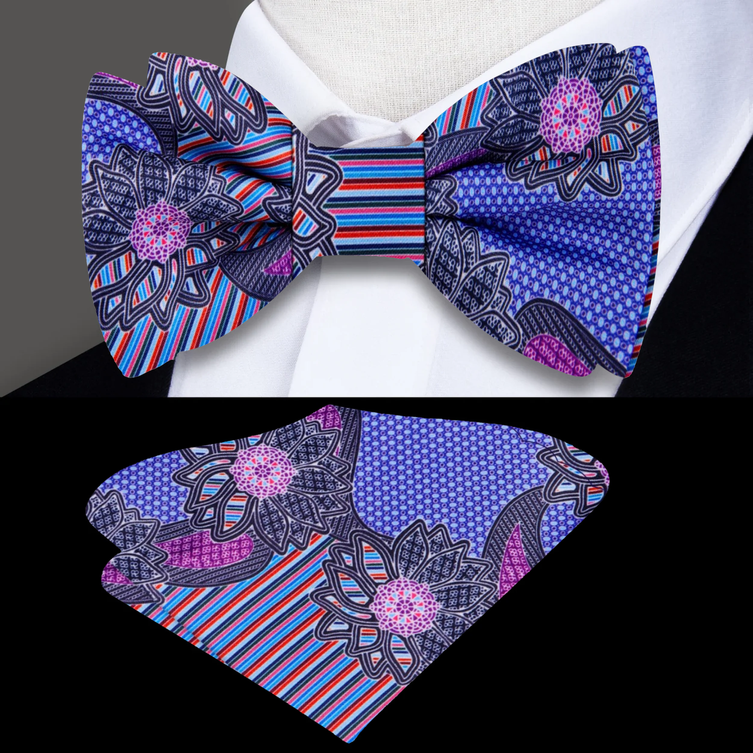 A Purple, Blue, Pink, Black Color Abstract Pattern Bow Tie, Pocket Square