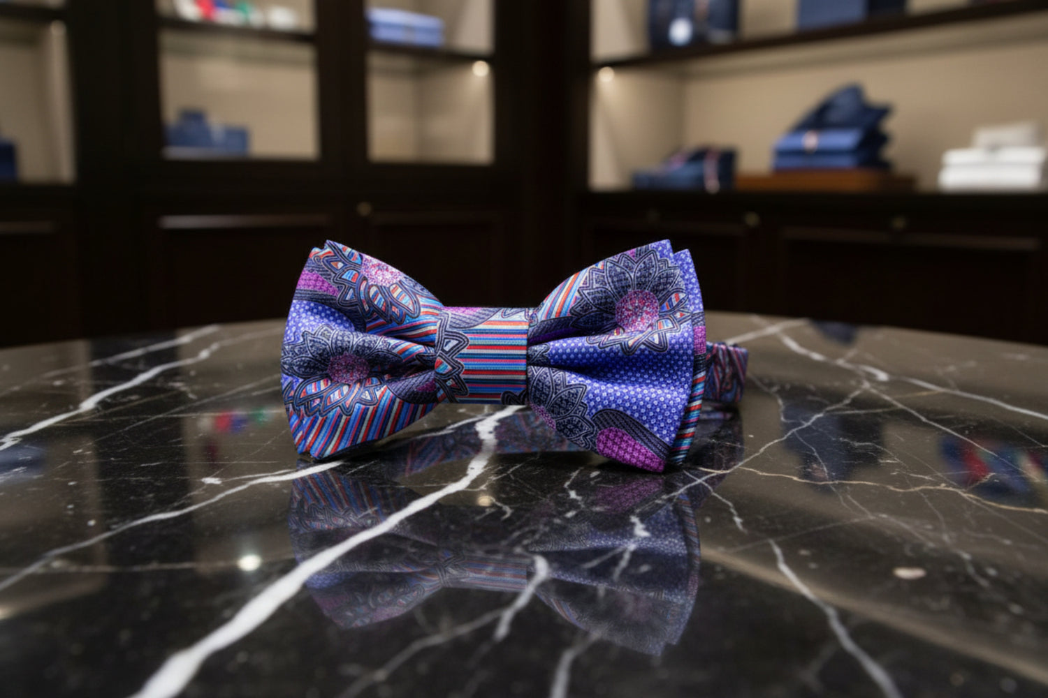 A Purple, Blue, Pink, Black Color Abstract Pattern Bow Tie Pre Tied