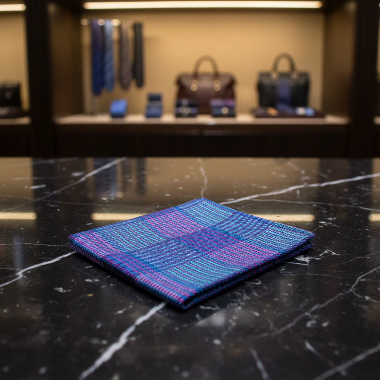 Blue and purple patterned square on a black marble surface with blurred background