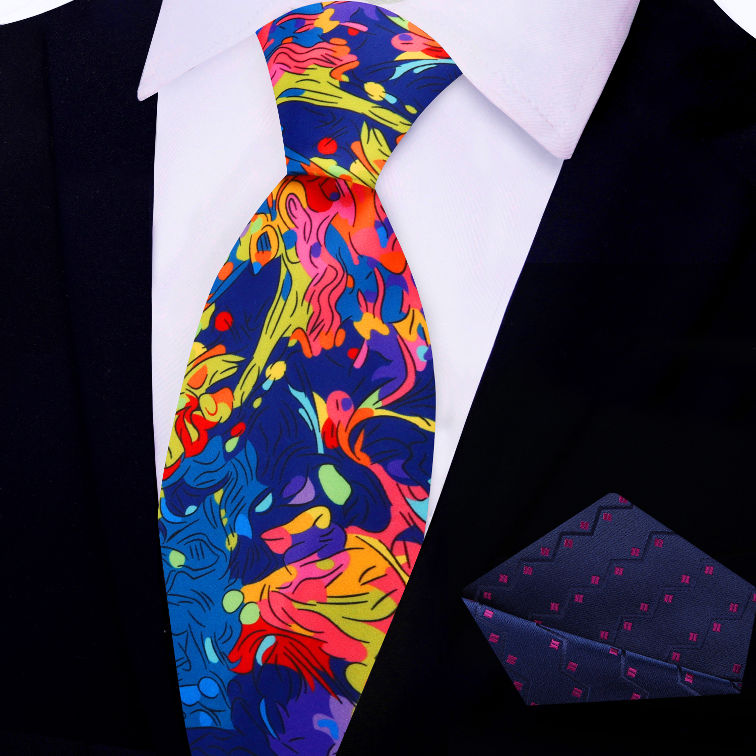View 2 Blue Purple Red Orange Artisan Mosaic Necktie and Accenting Blue Pink Square