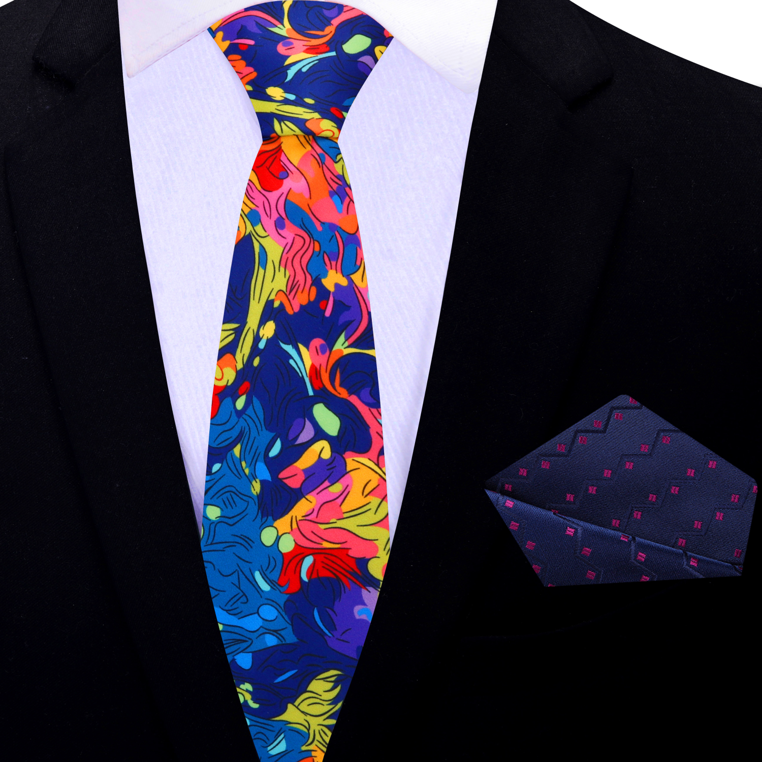 Thin Blue Purple Red Orange Artisan Mosaic Necktie and Accenting Blue Pink Square
