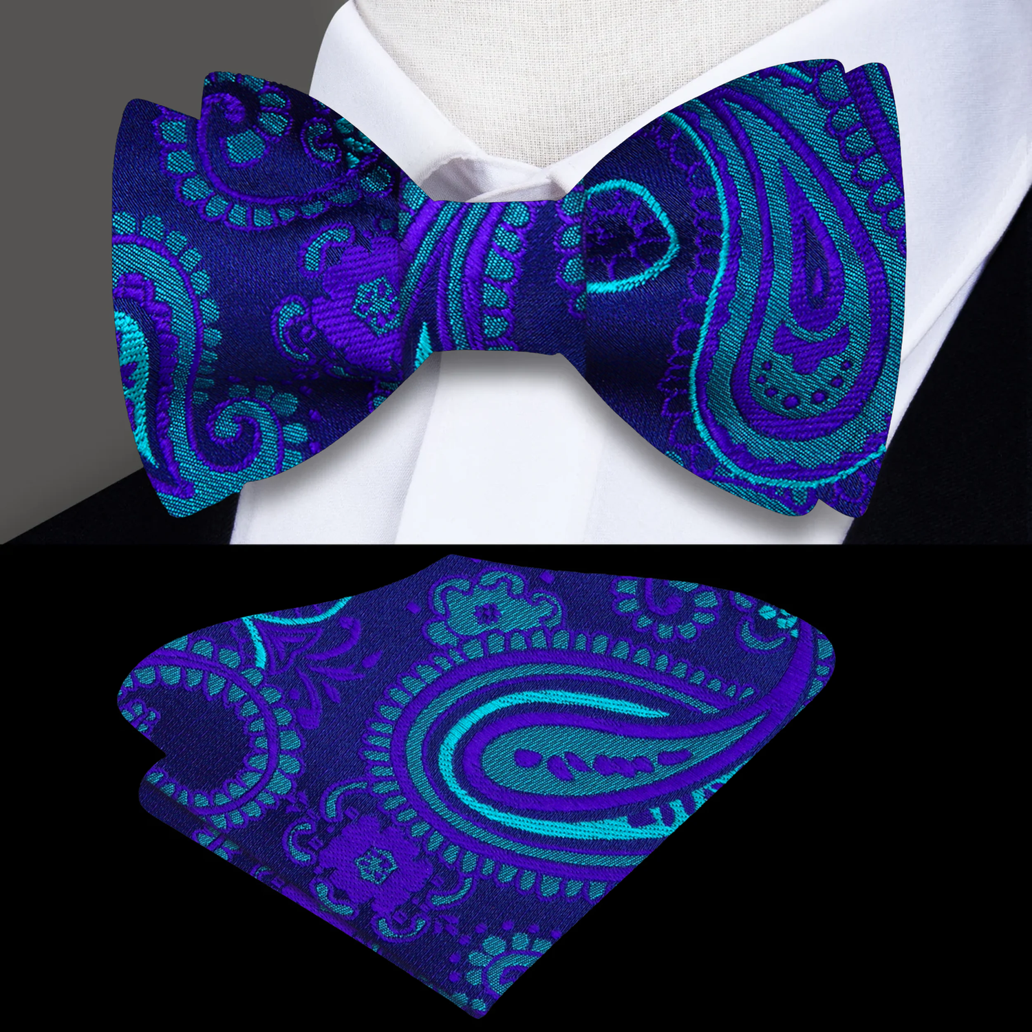 Deep Blue, Green and Purple Paisley Bow Tie and Square