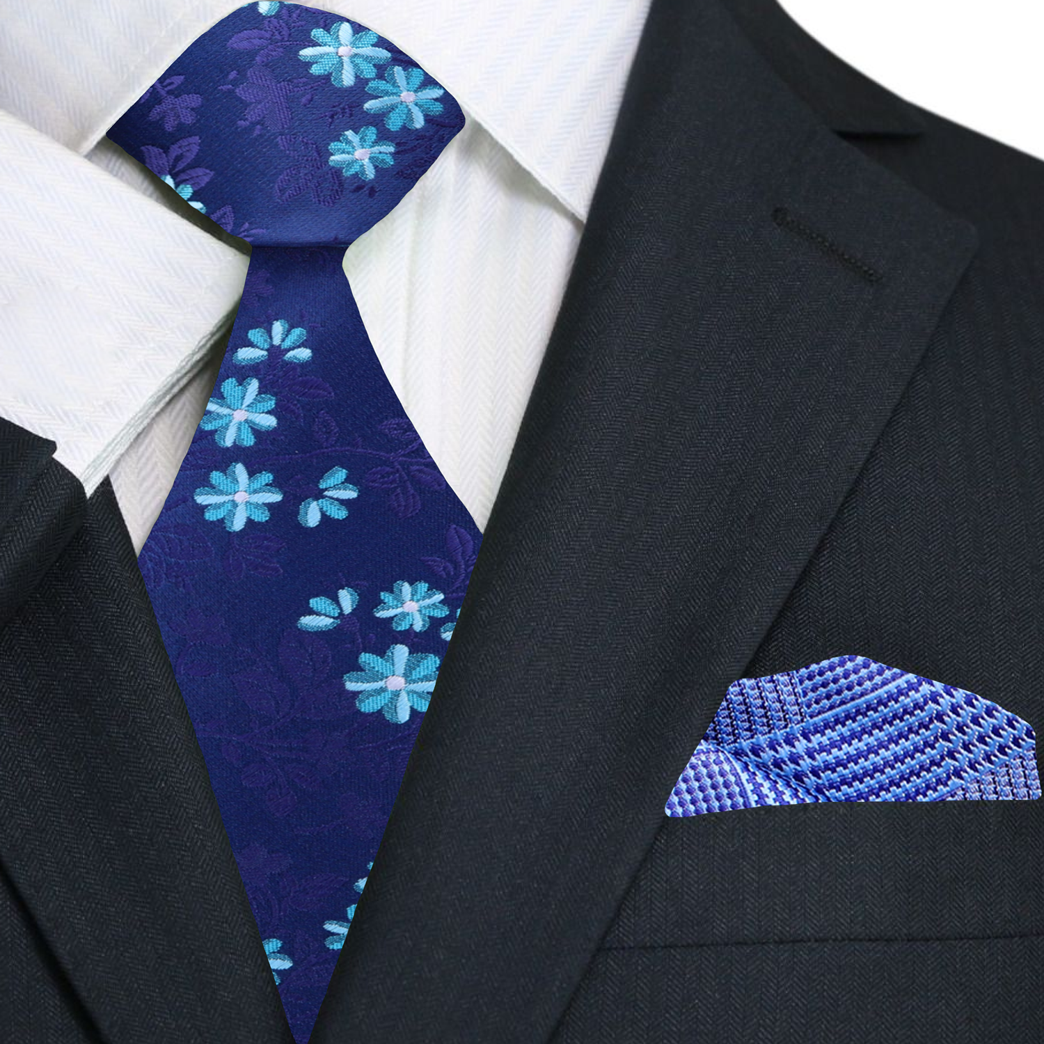 Deep Blue, Light Blue and Purple Vines and Flowers Tie and Accenting Pocket Square