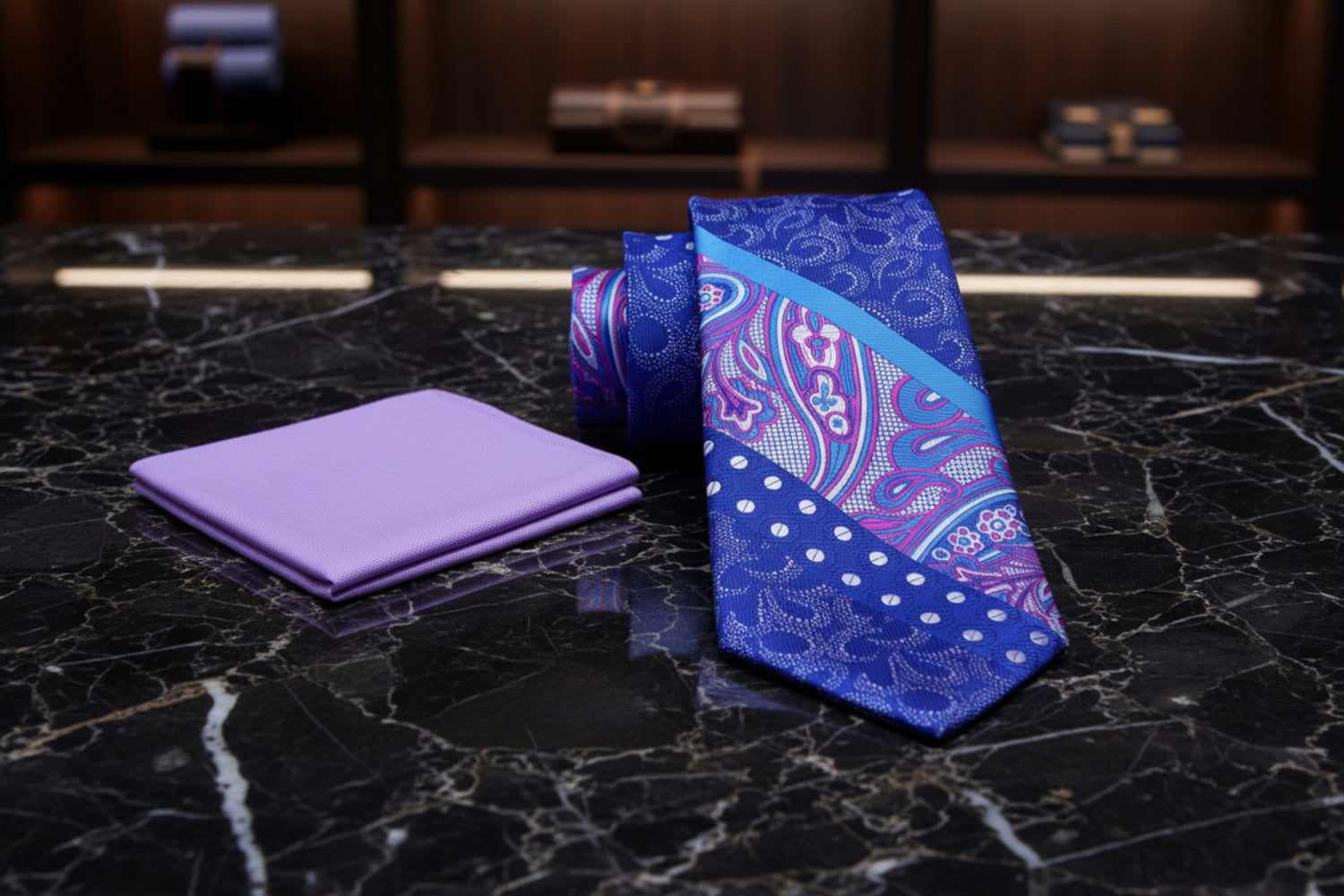 Blue paisley tie with pink accents and matching pocket square on a marble background