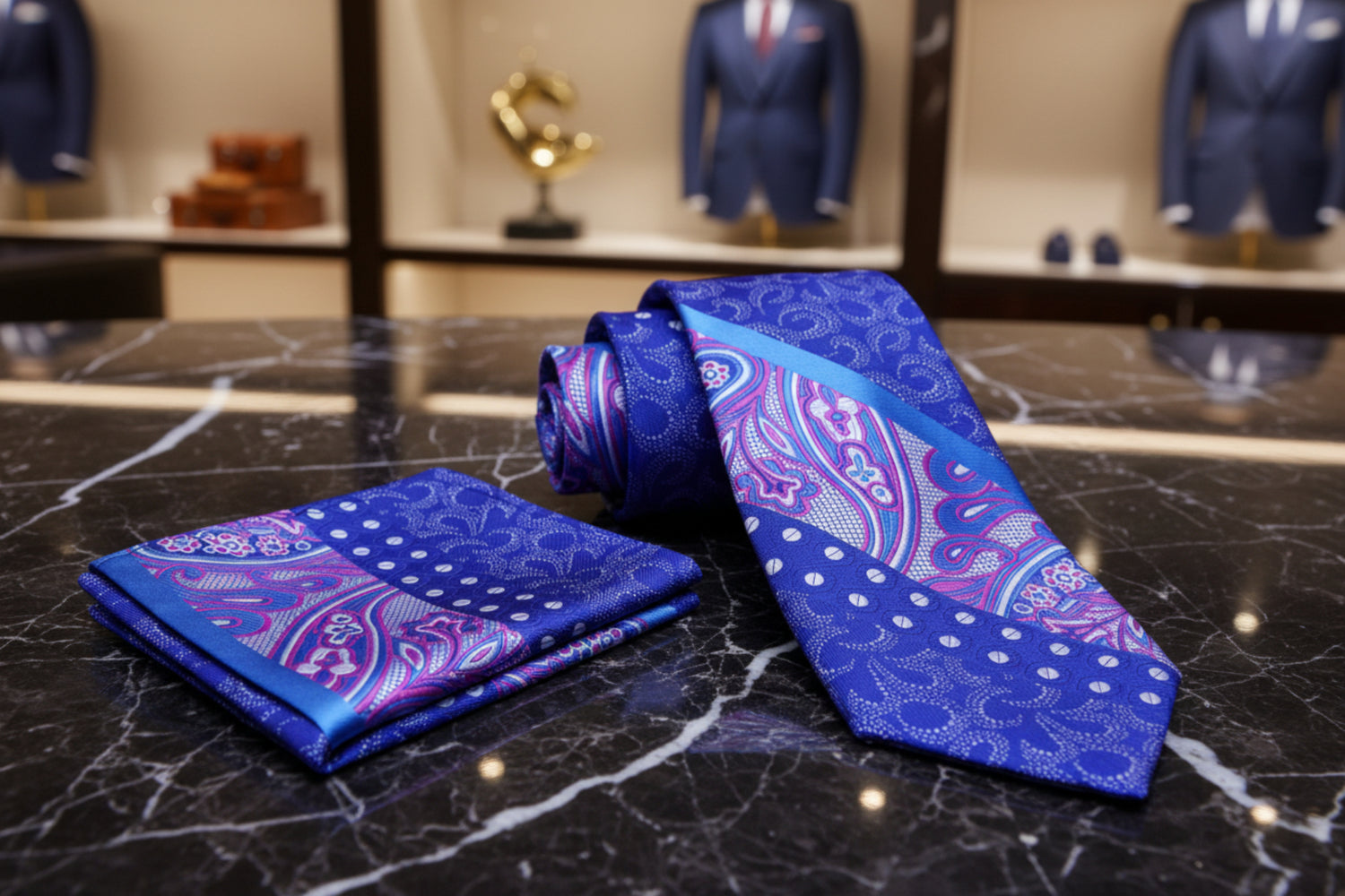 Blue paisley tie and matching pocket square on a marble background