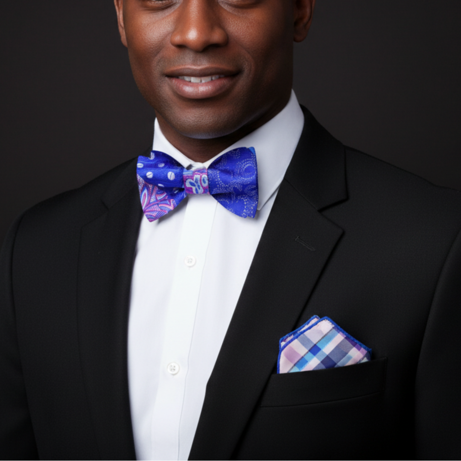 A Blue,Purple Abstract and Paisley Pattern Silk Pre Tied Bow Tie and Accenting Square