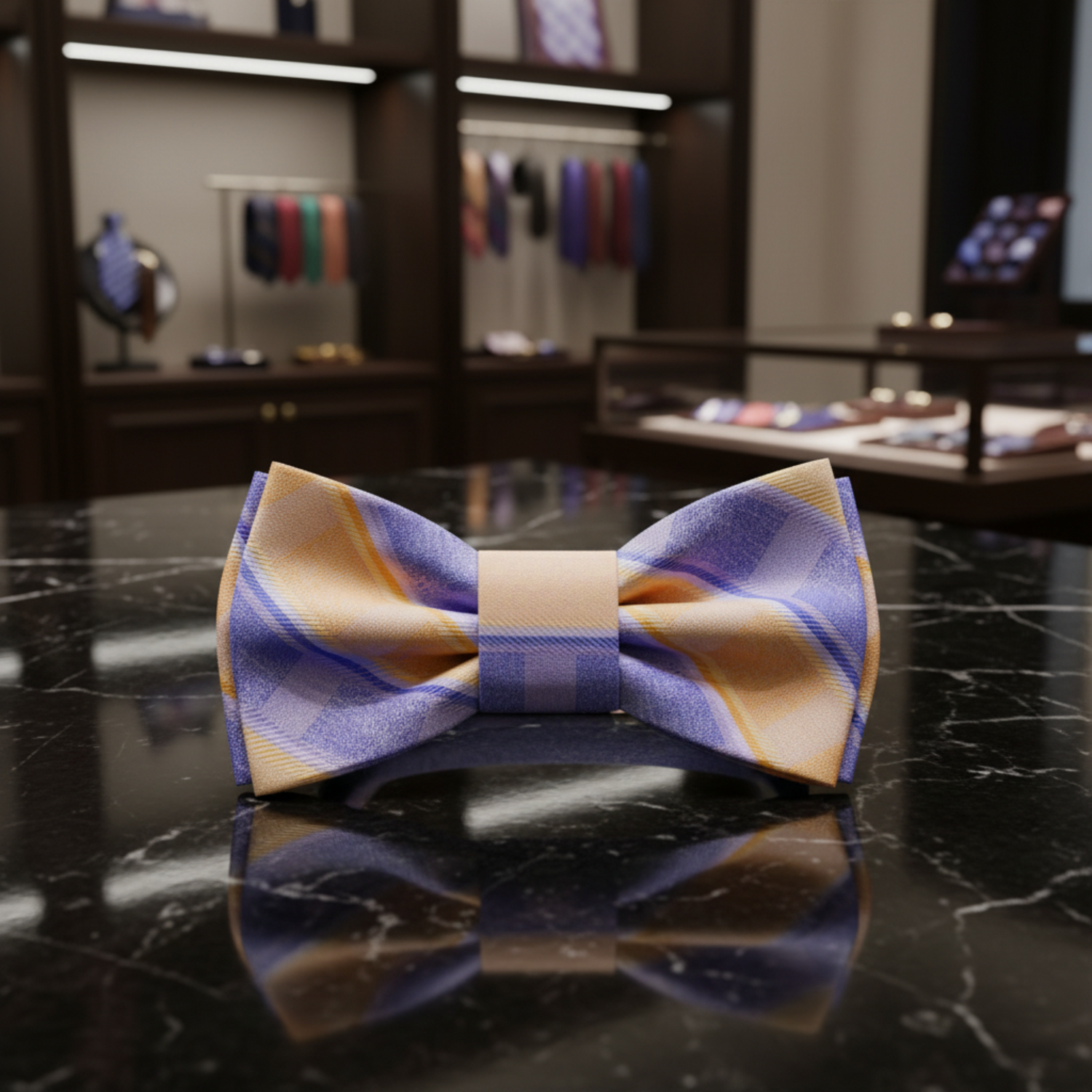 Plaid bow tie with purple and orange pattern