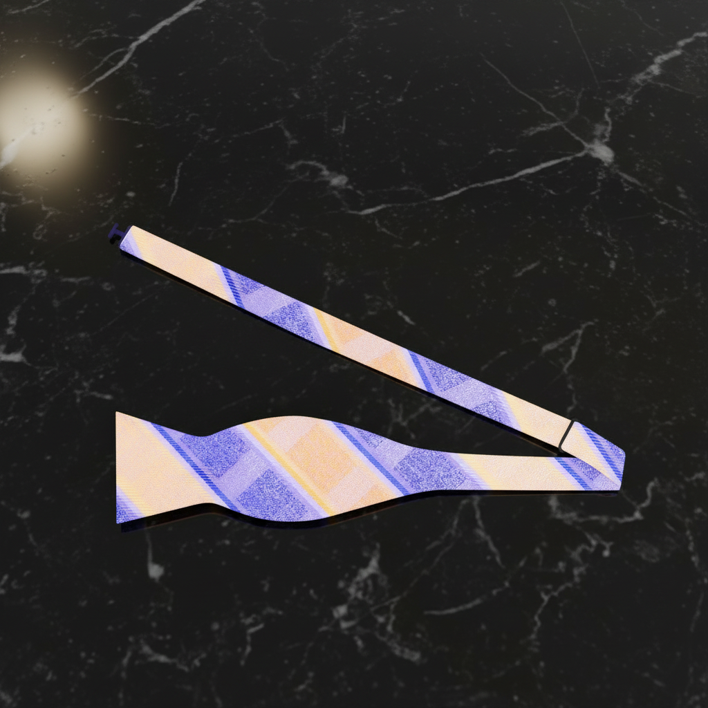 Striped bow with purple and orange pattern on a white background