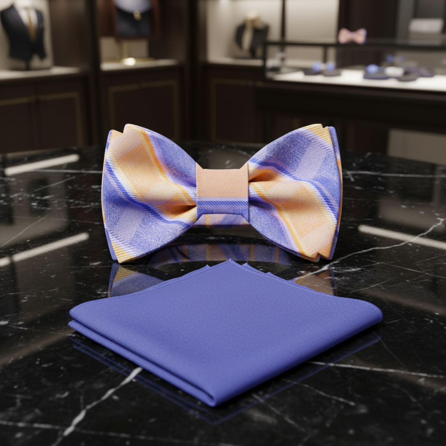 Colorful bow tie and matching pocket square on a white background