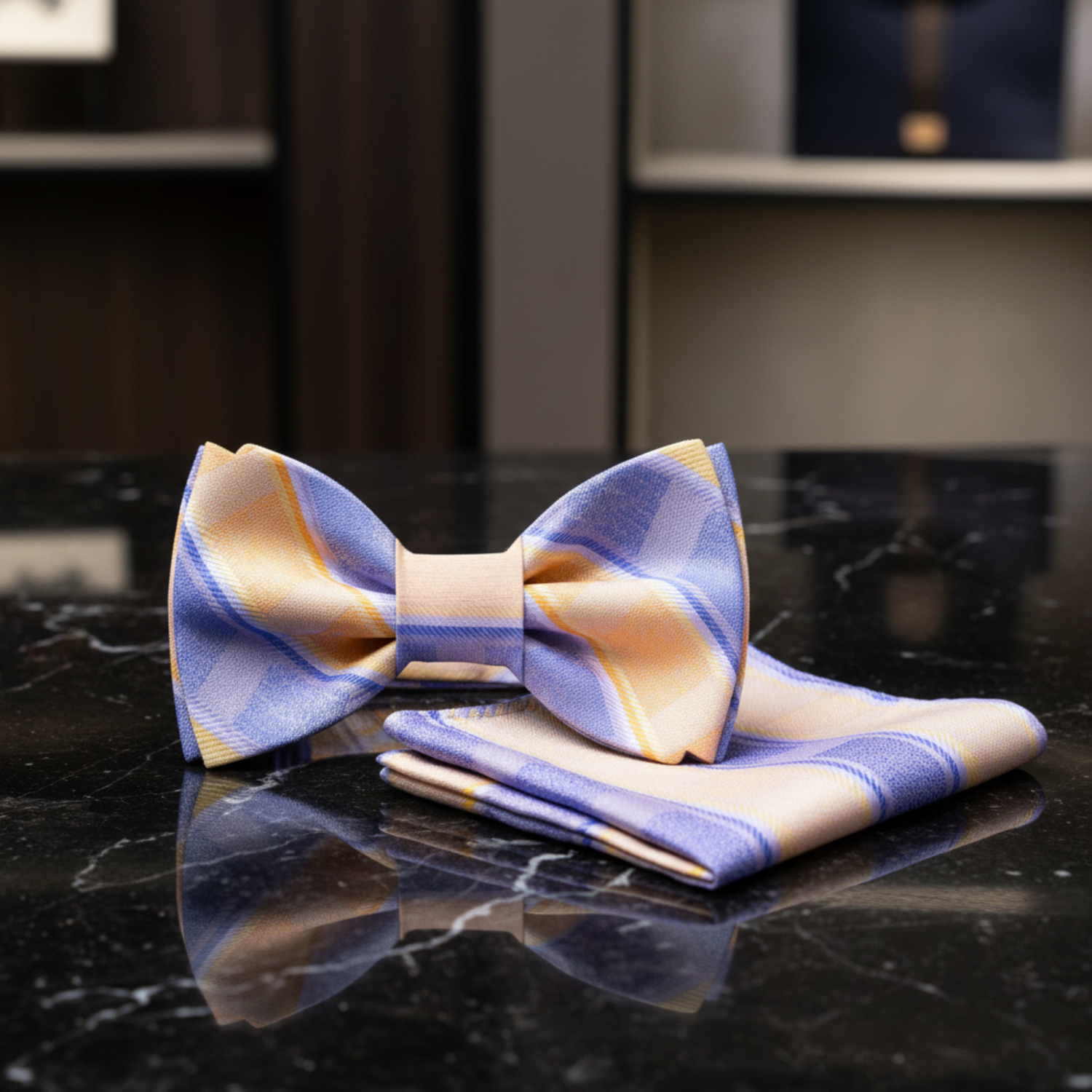 yellow and purple Plaid bow tie and pocket square set on a white background