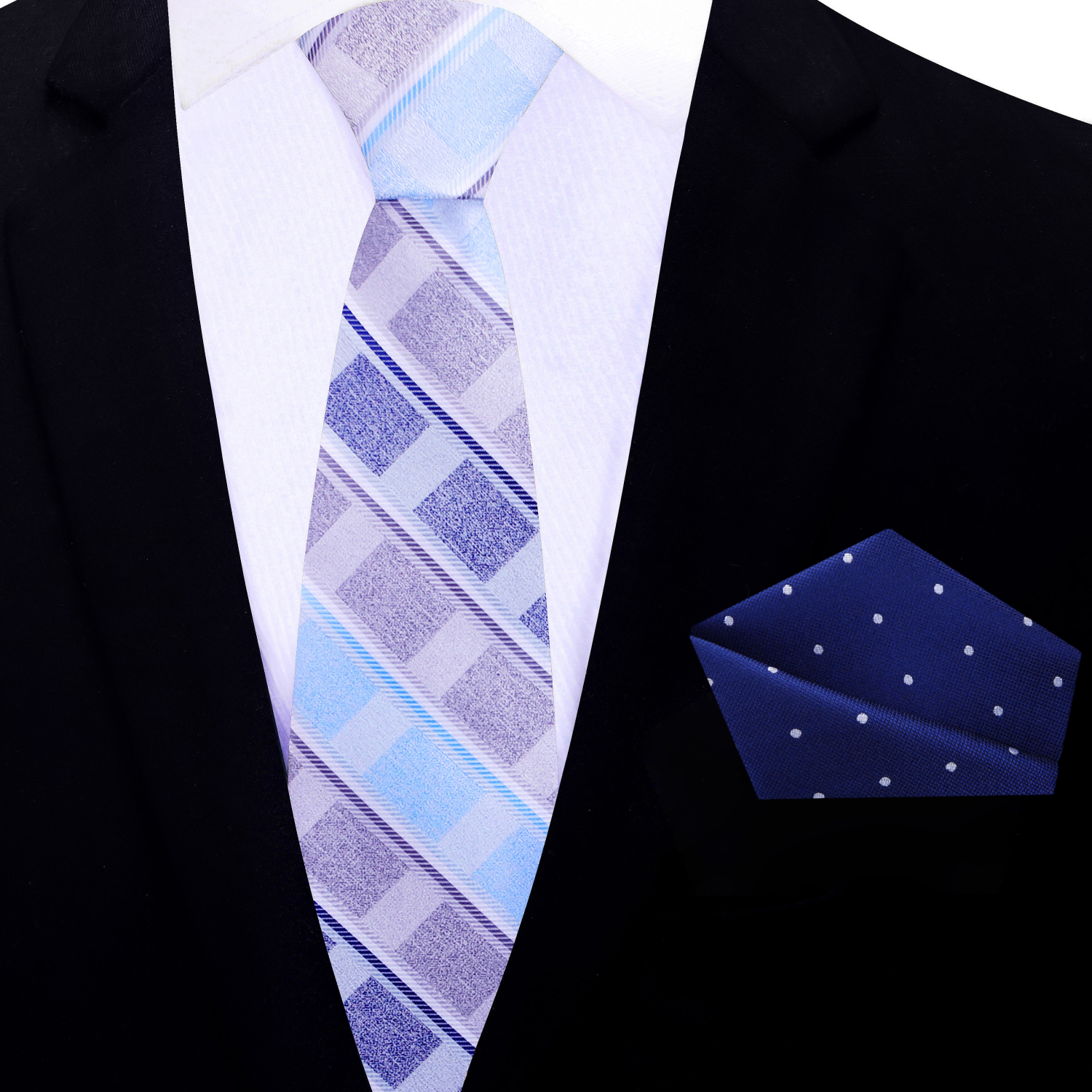 Blue plaid thin tie and accenting pocket square on a black suit jacket.