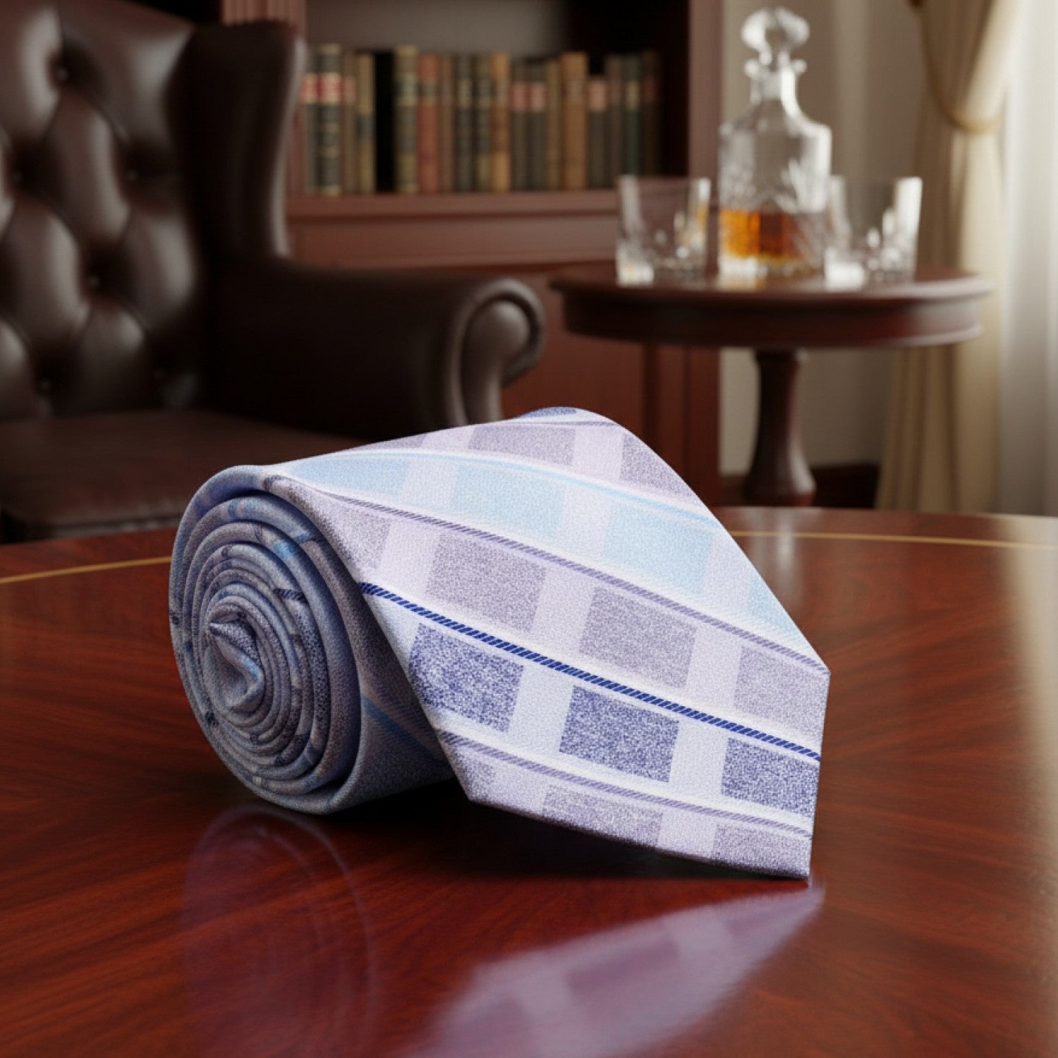 Rolled-up tie with a checkered pattern on a wooden surface, blurred background of a room.