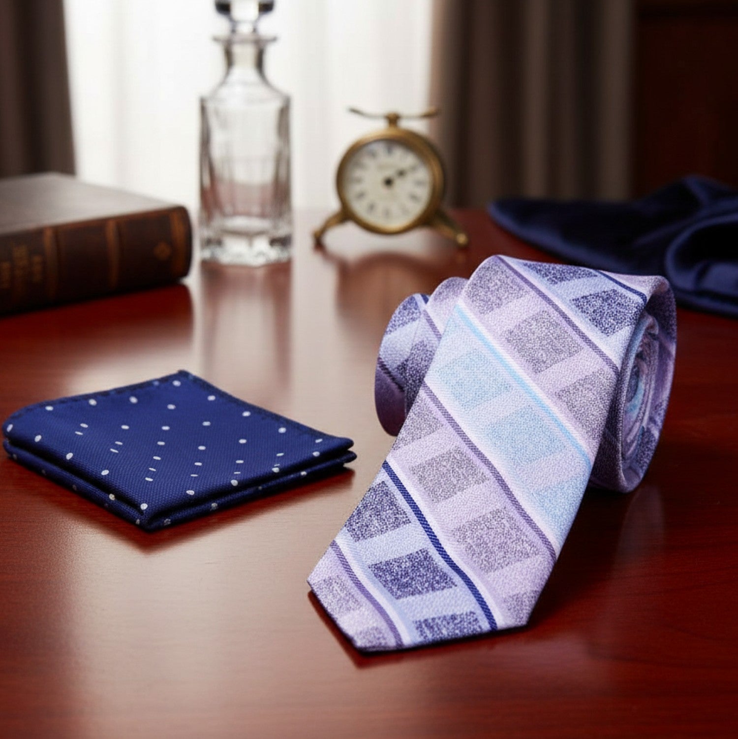 Blue patterned tie and pocket square on a wooden surface with a clock and book in the background.