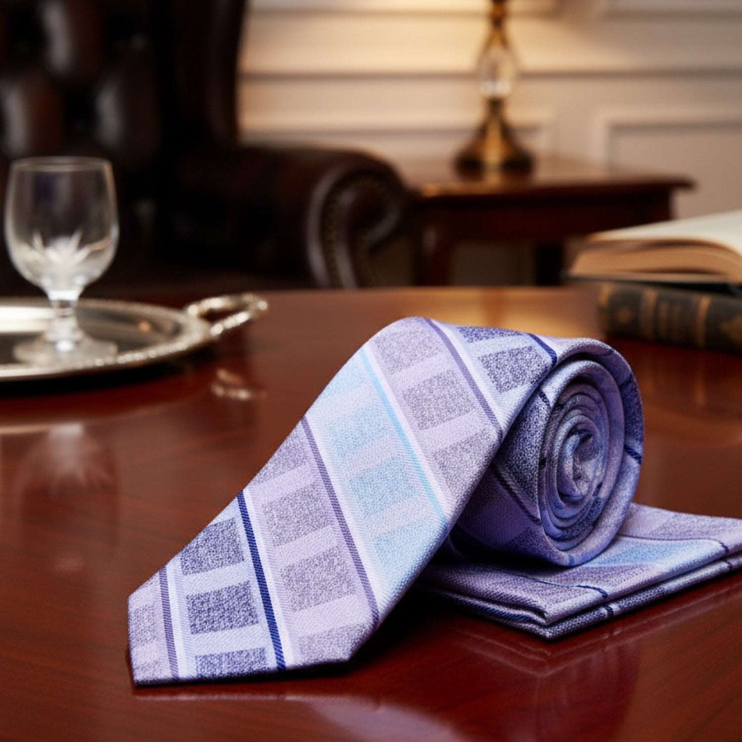 Rolled-up checkered tie on a wooden table with a blurred background