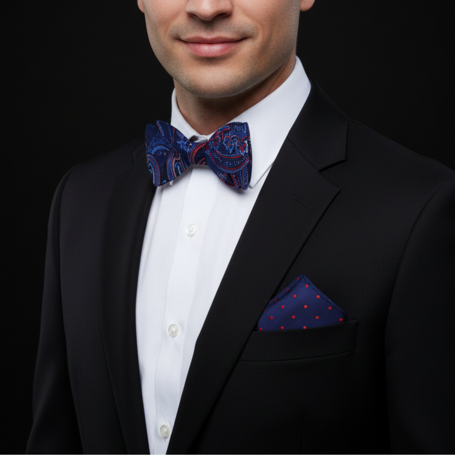 Blue, Red Paisley Bow Tie and Blue Red Polka Pocket Square