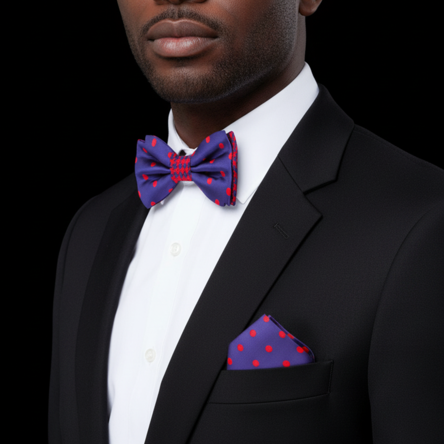 Man wearing double side red and blue bow tie and square on man