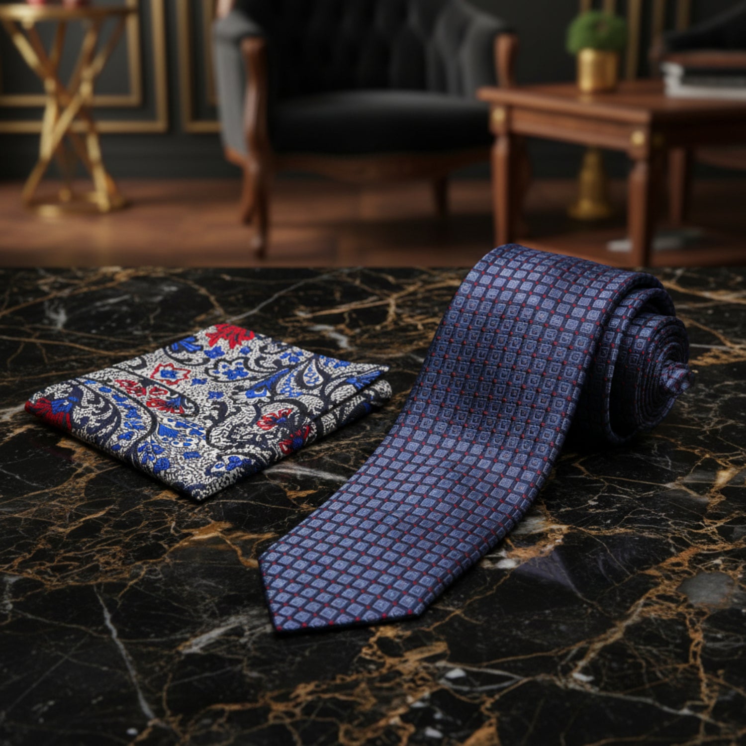 Alt View: Blue, Red Check Tie and Silver, Blue, Red Paisley Square