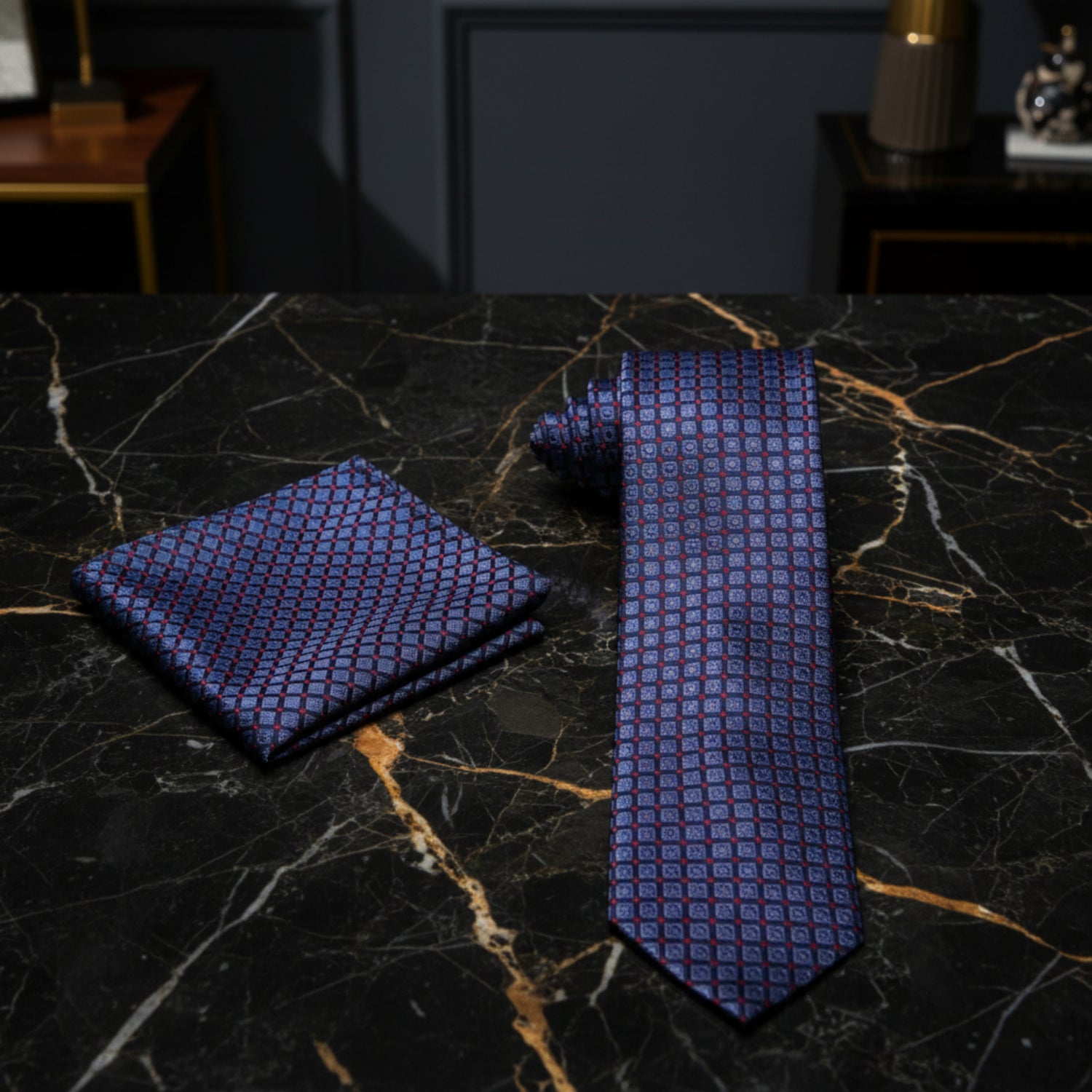 Alt View: Blue, Red Check Tie and Matching Square