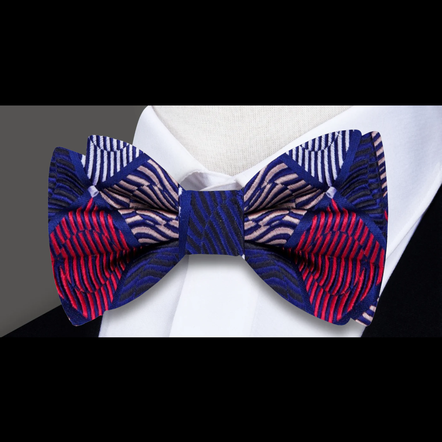A Red, Blue Geometric Diamond with Dot Pattern Self Tie Bow Tie