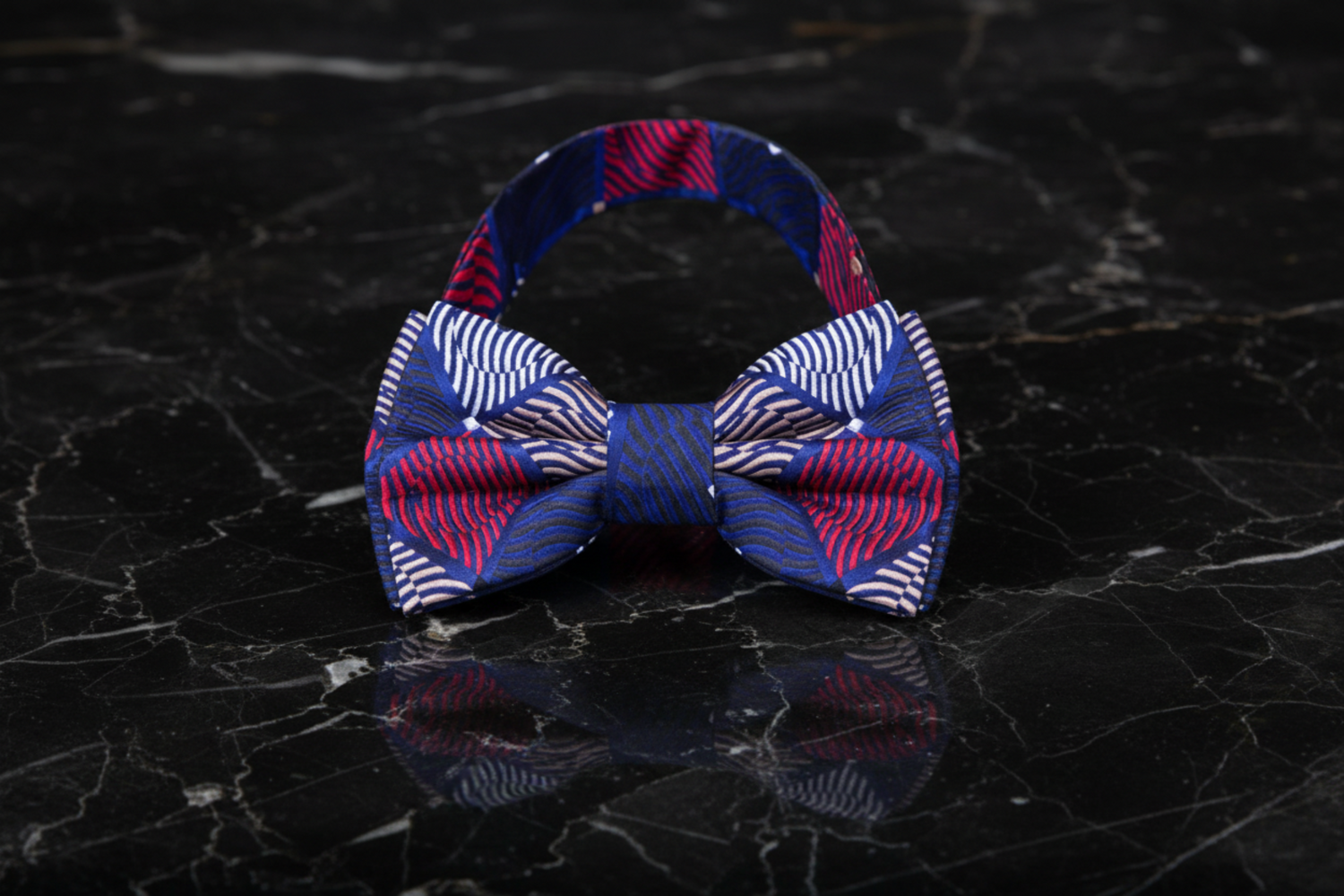 A Red, Blue Geometric Diamond with Dot Pattern Self Tie Bow Tie Pre Tied