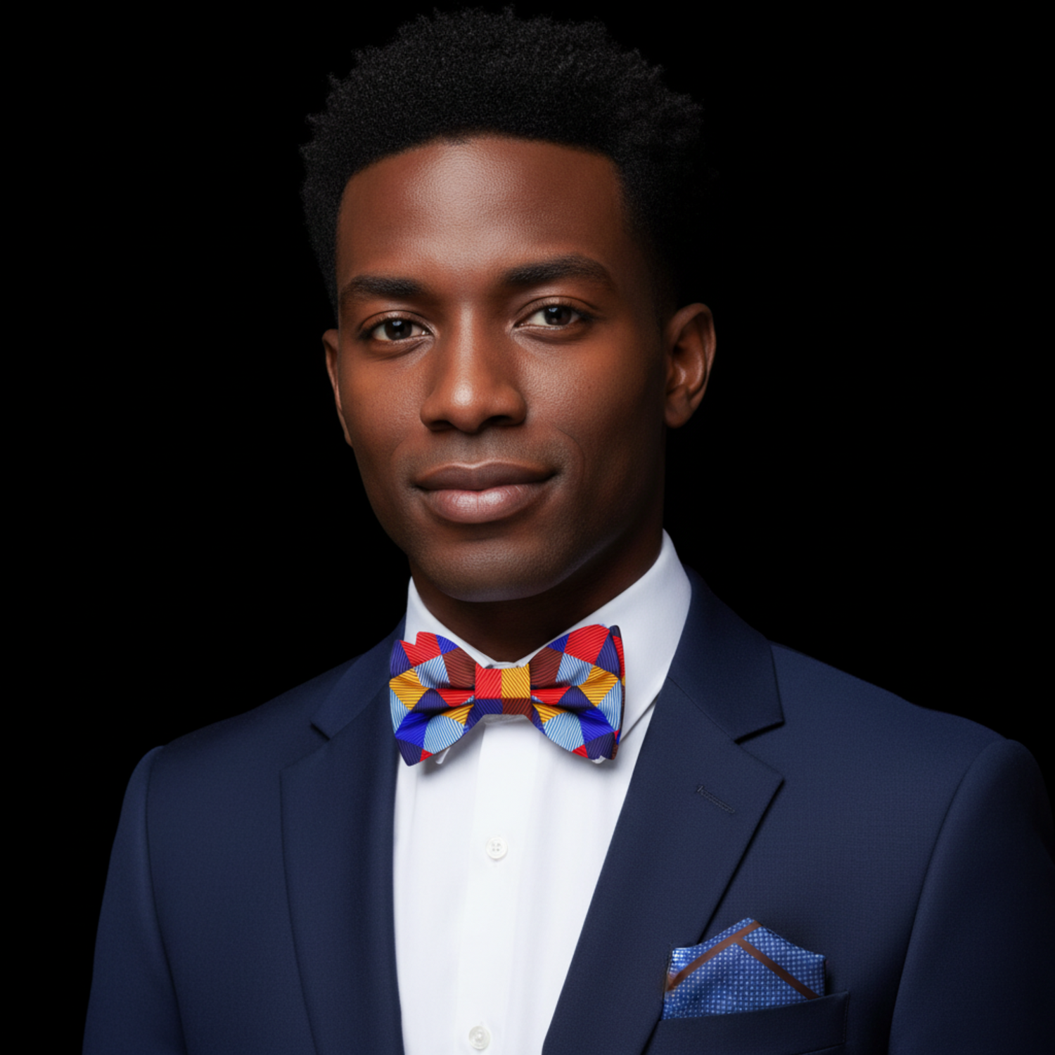 Man wearing a navy suit with a colorful bow tie on a black background