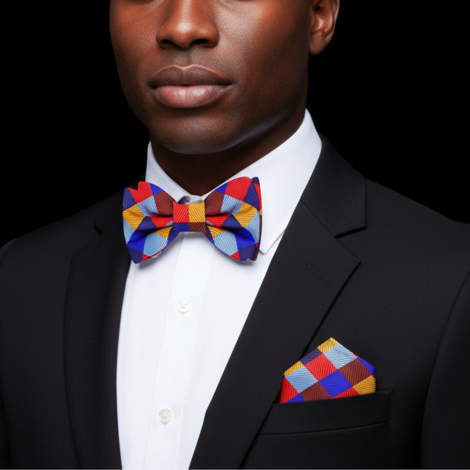 Man wearing a black suit with a colorful bow tie and pocket square against a black background