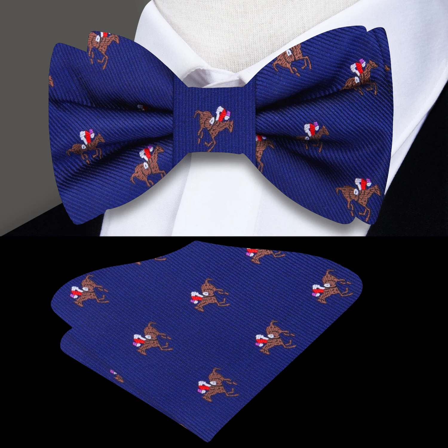 Blue Race Horse Bow Tie and Matching Square
