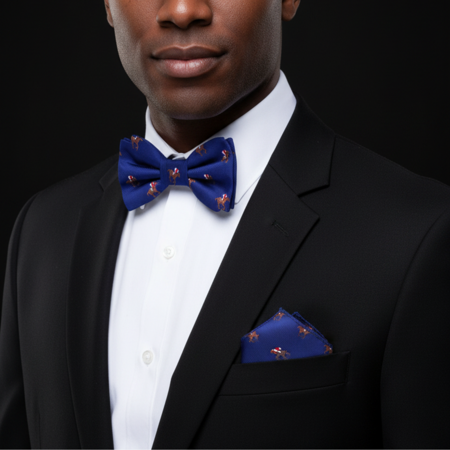 Man wearing a black suit with a blue bow tie and matching pocket square on a black background