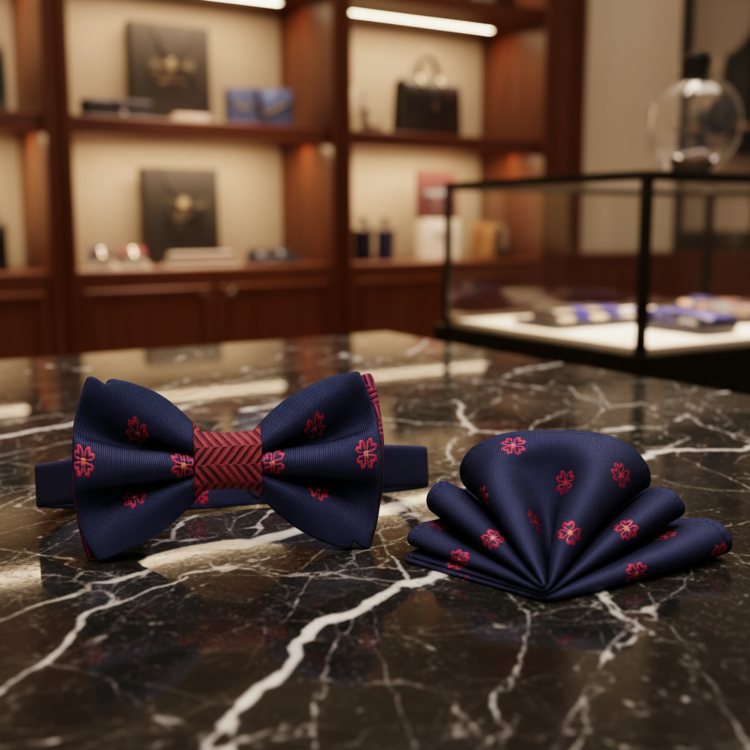 Blue, Red Clovers and Crosshatch Bow Tie and Pocket Square