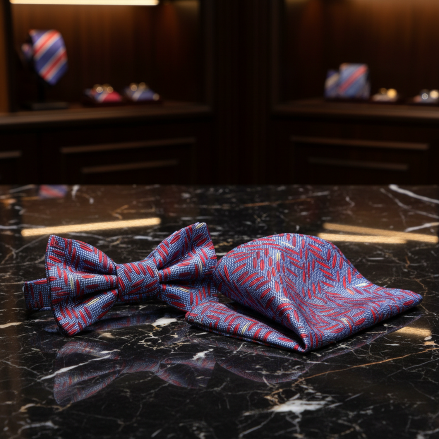 Red, Blue, Light Gold Geometric Bow Tie and Pocket Square||Red, Blue
