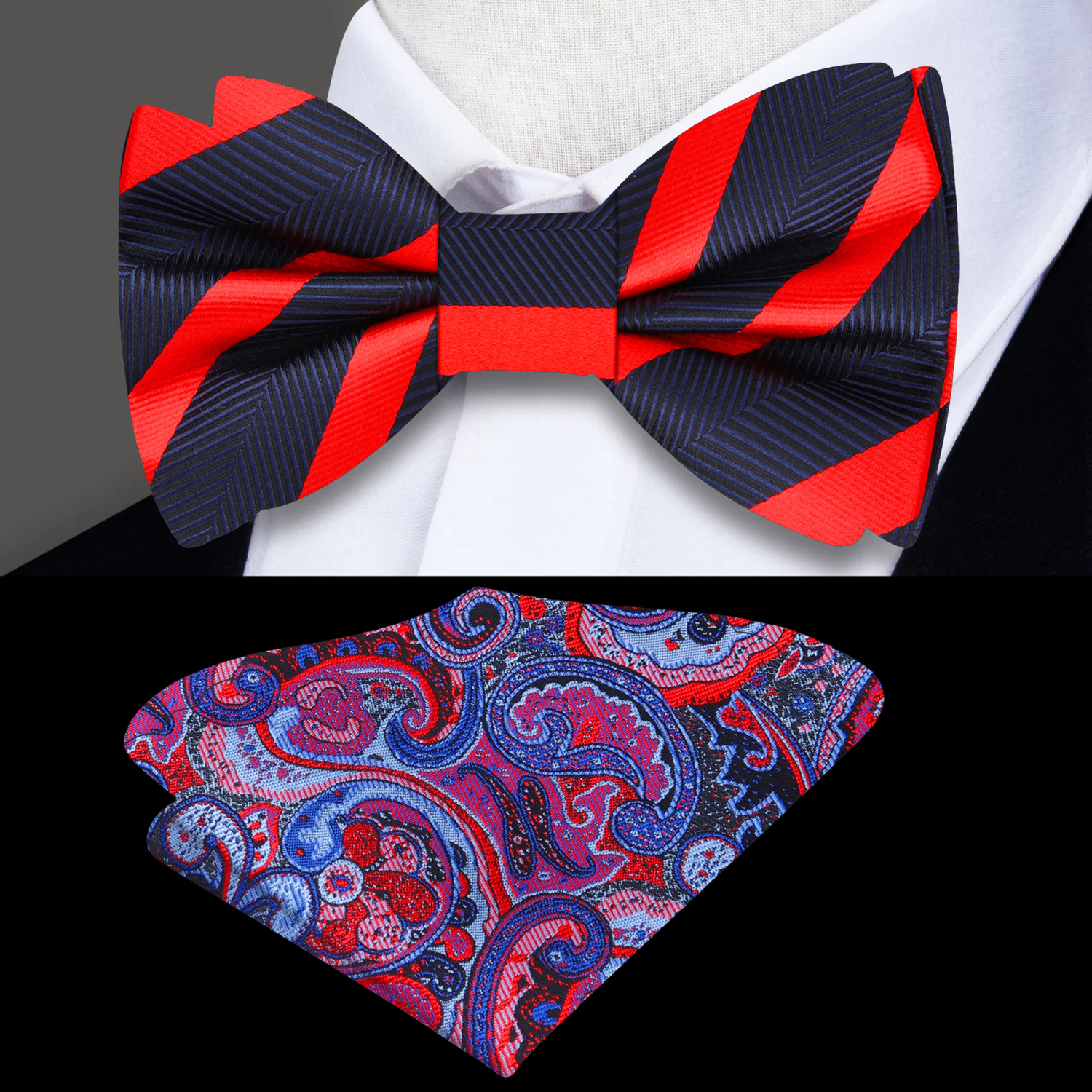 Main View: A Blue, Black, Red Stripe Pattern Self Tie Bow Tie, Accenting Pocket Square