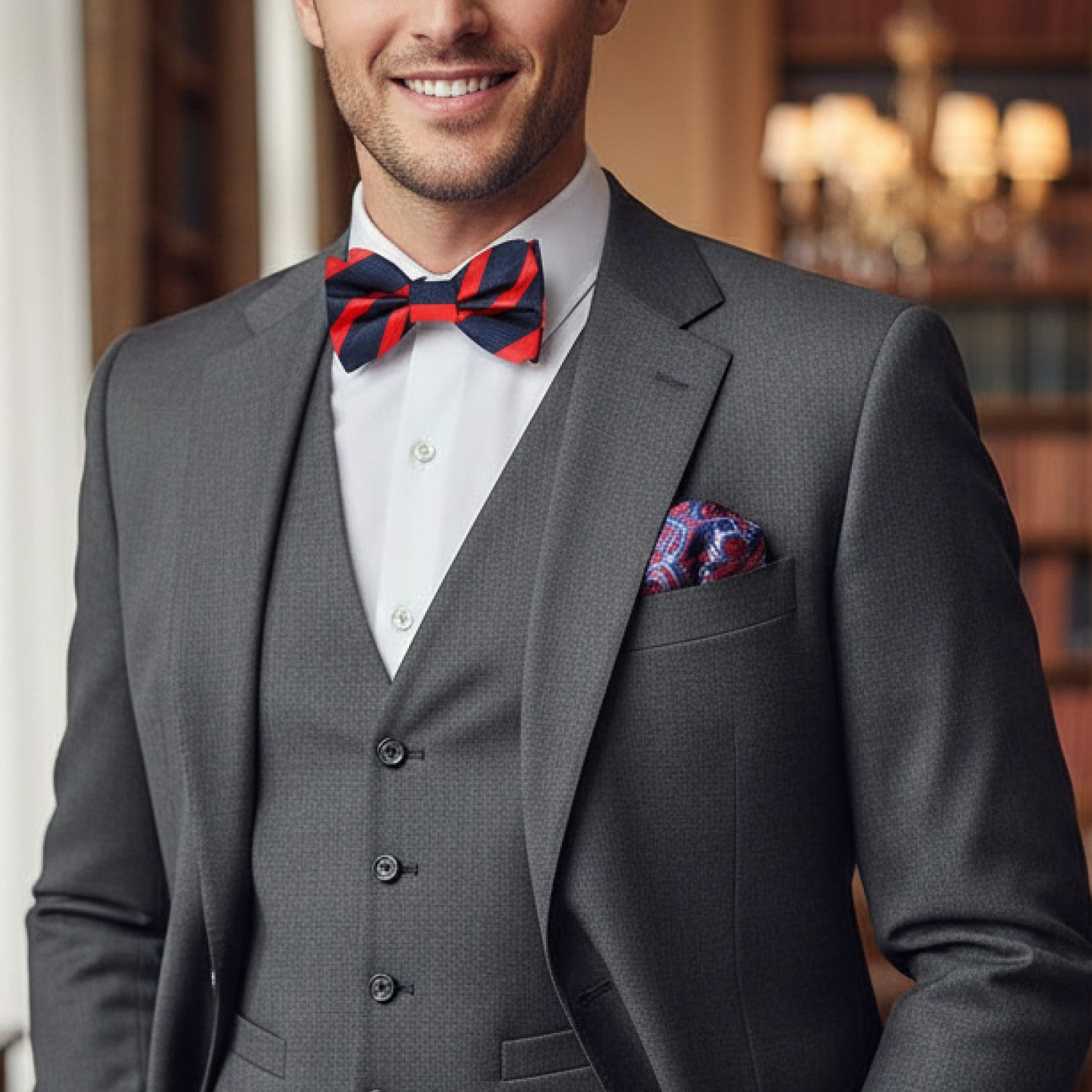 Man wearing a gray suit with a red and blue bow tie and pocket square, standing indoors.
