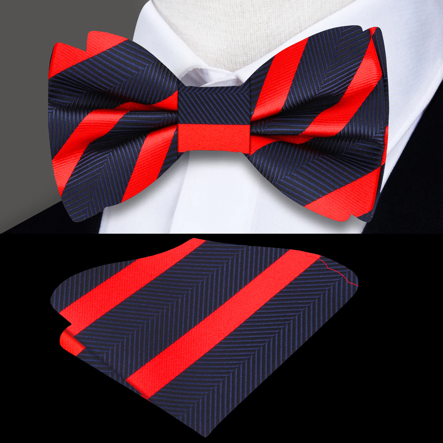 Main View: A Blue, Black, Red Stripe Pattern Self Tie Bow Tie, Matching Pocket Square