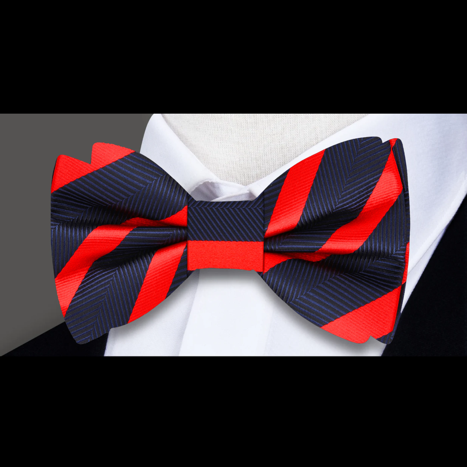 Main View: A Blue, Black, Red Stripe Pattern Self Tie Bow Tie 