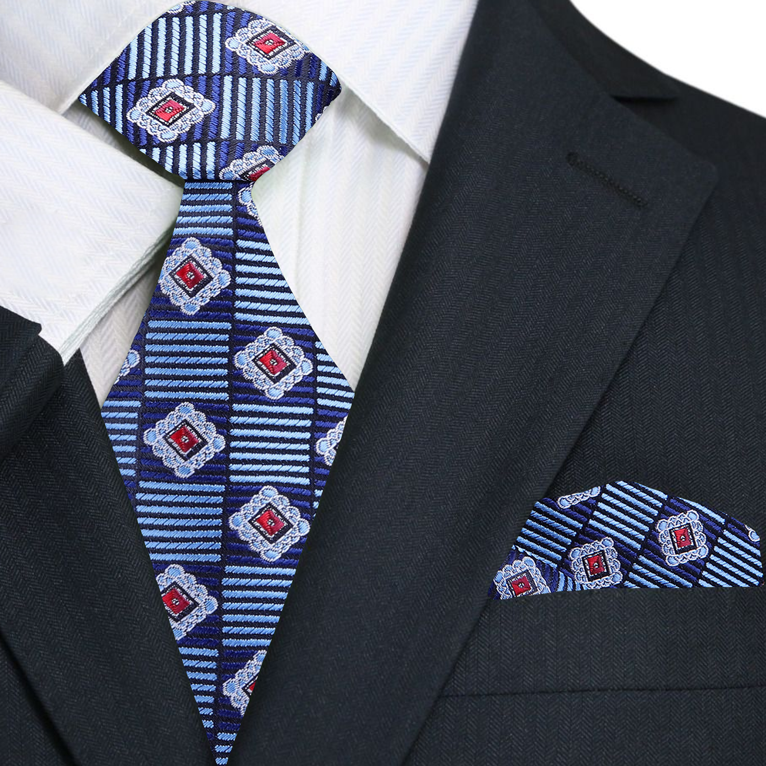 Premium A Blue, Red Geometric Pattern Necktie, Matching Pocket Square
