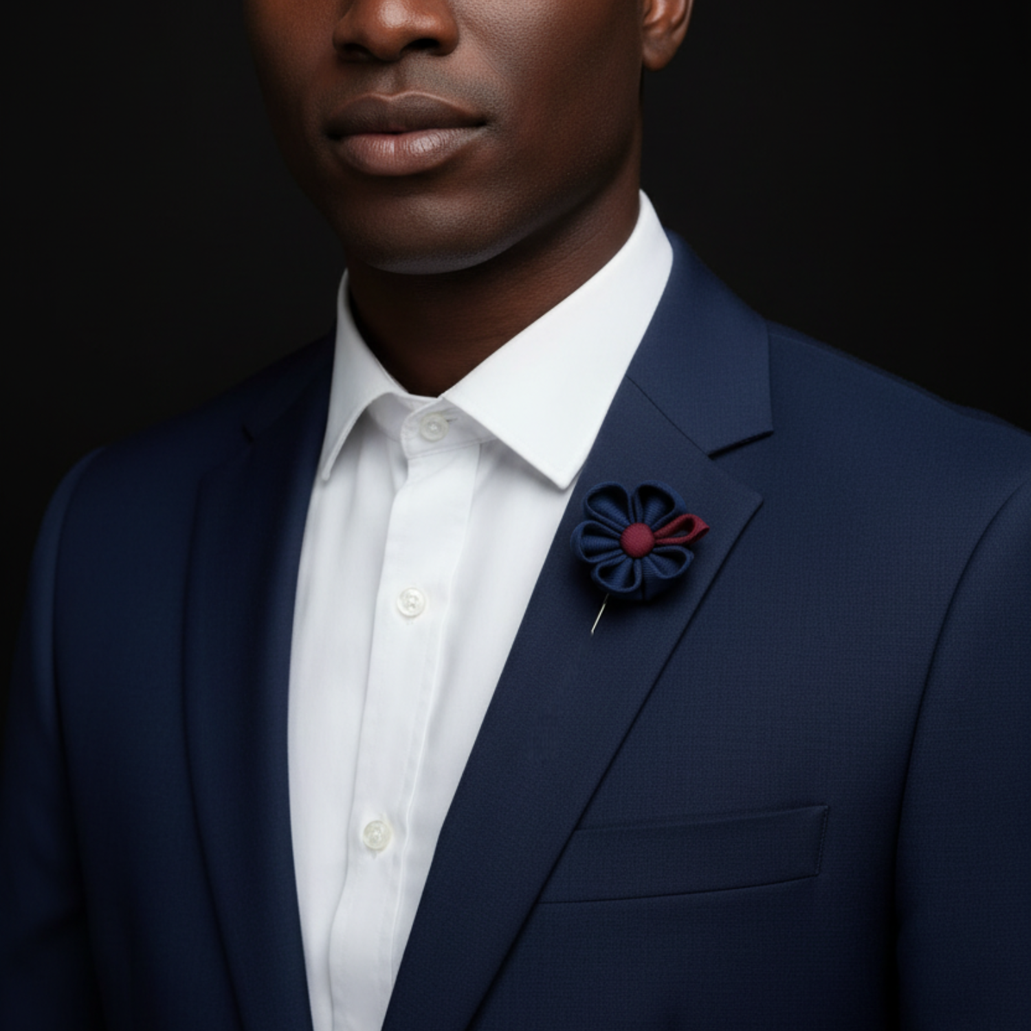 Man wearing a navy suit with a white shirt and a decorative lapel pin against a black background