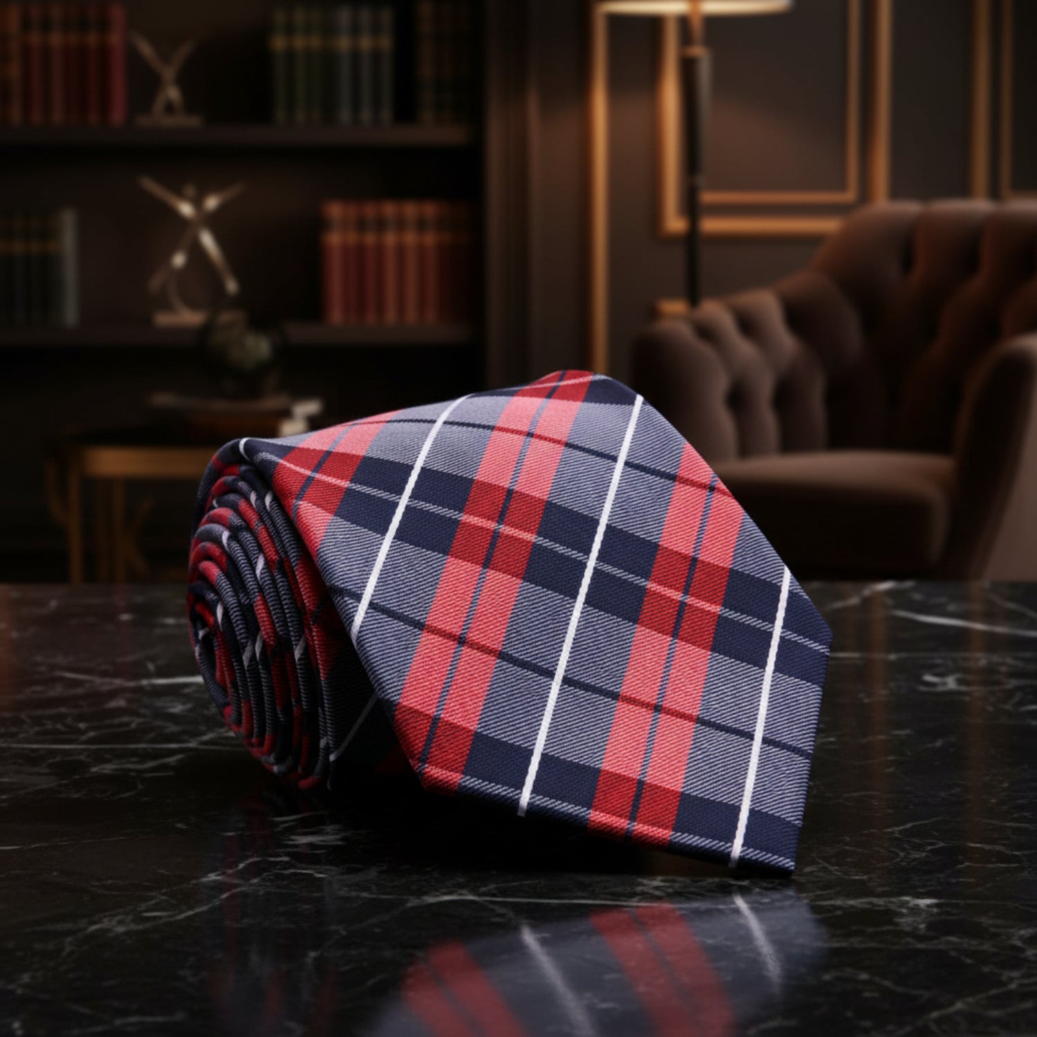 Dark Blue, Red, White Plaid Necktie 