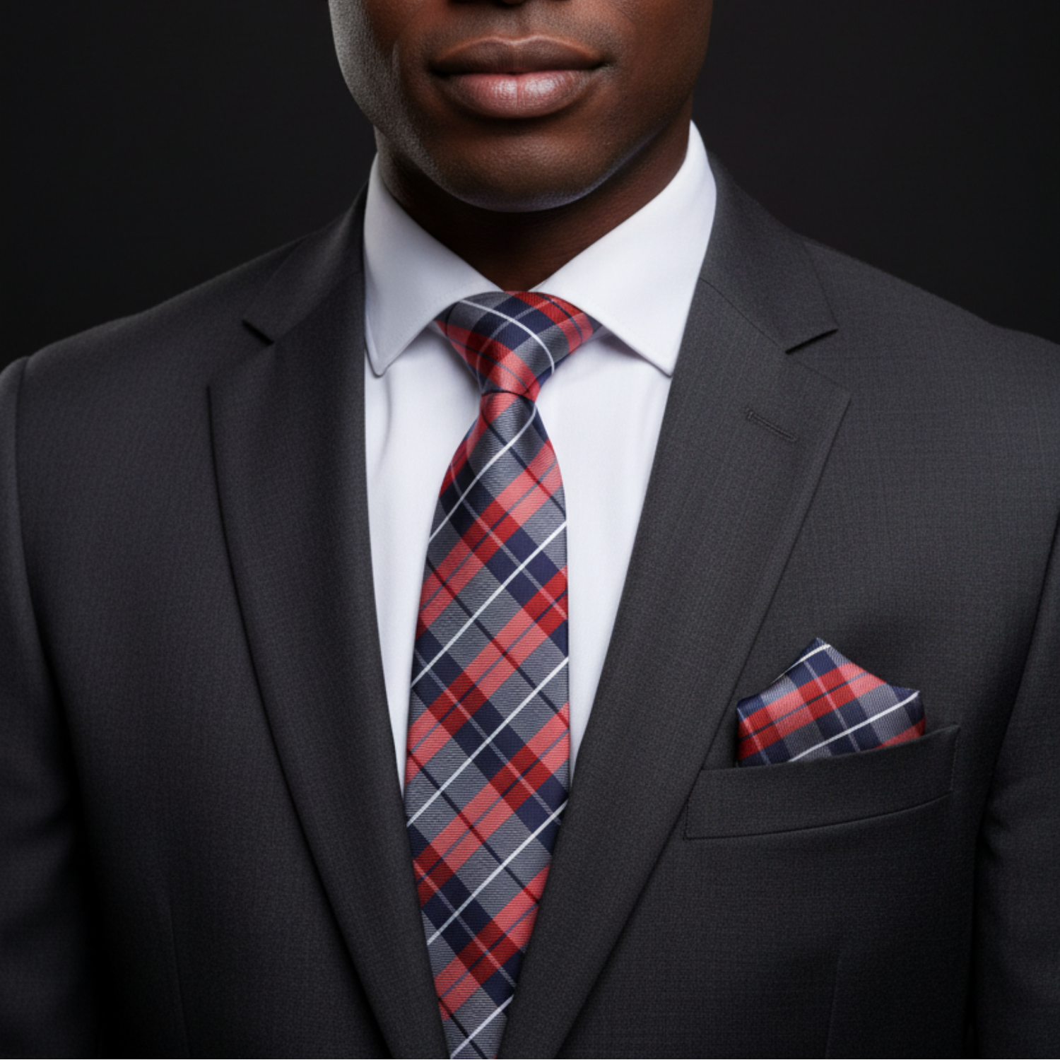 Man wearing a dark suit with a red and blue plaid tie and pocket square against a black background