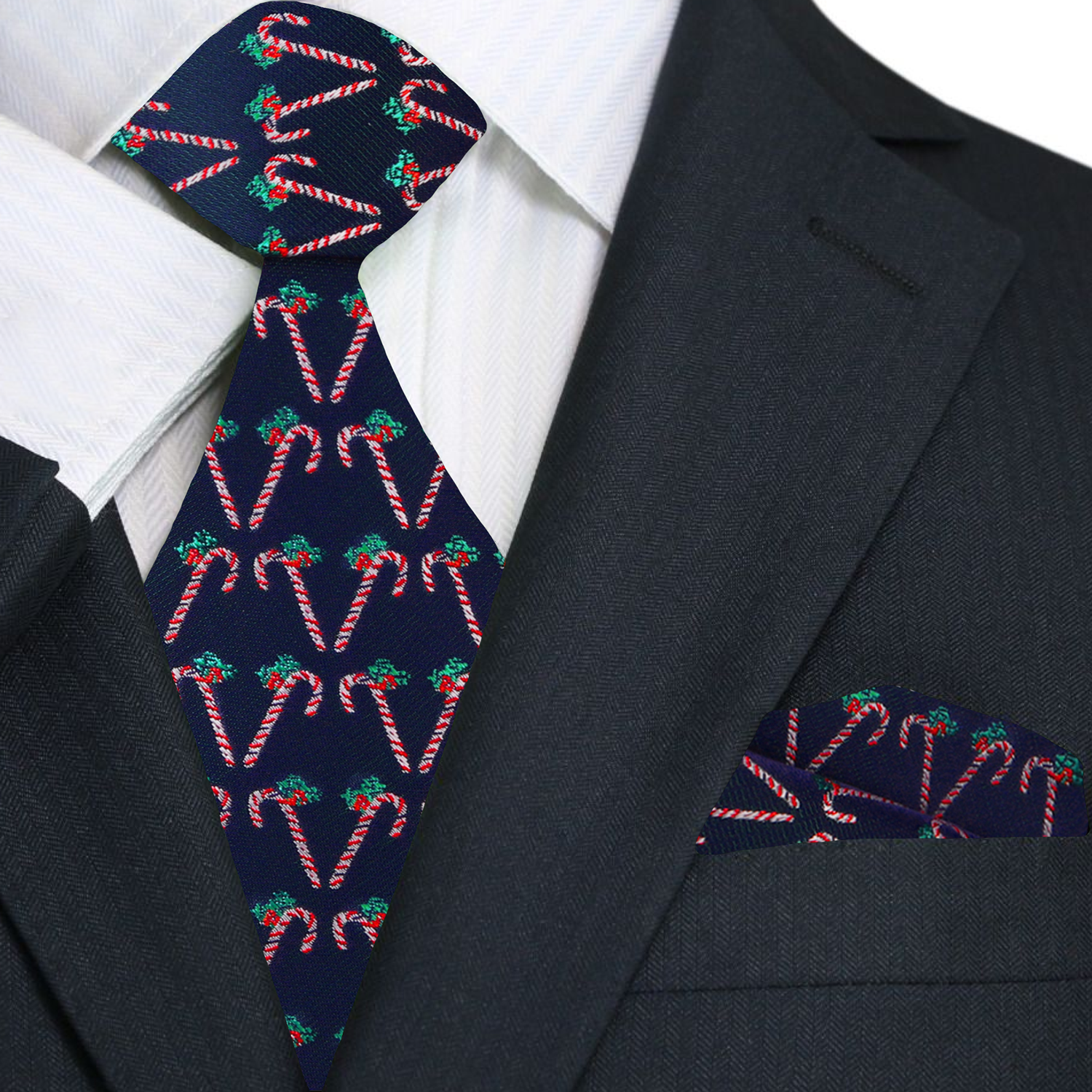 Premium: Blue, White, Green Candy Canes Tie and Pocket Square