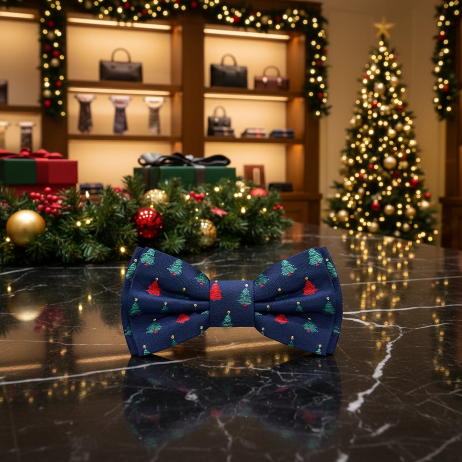 Blue with Green and Red Christmas Trees Bow Tie Pre Tied
