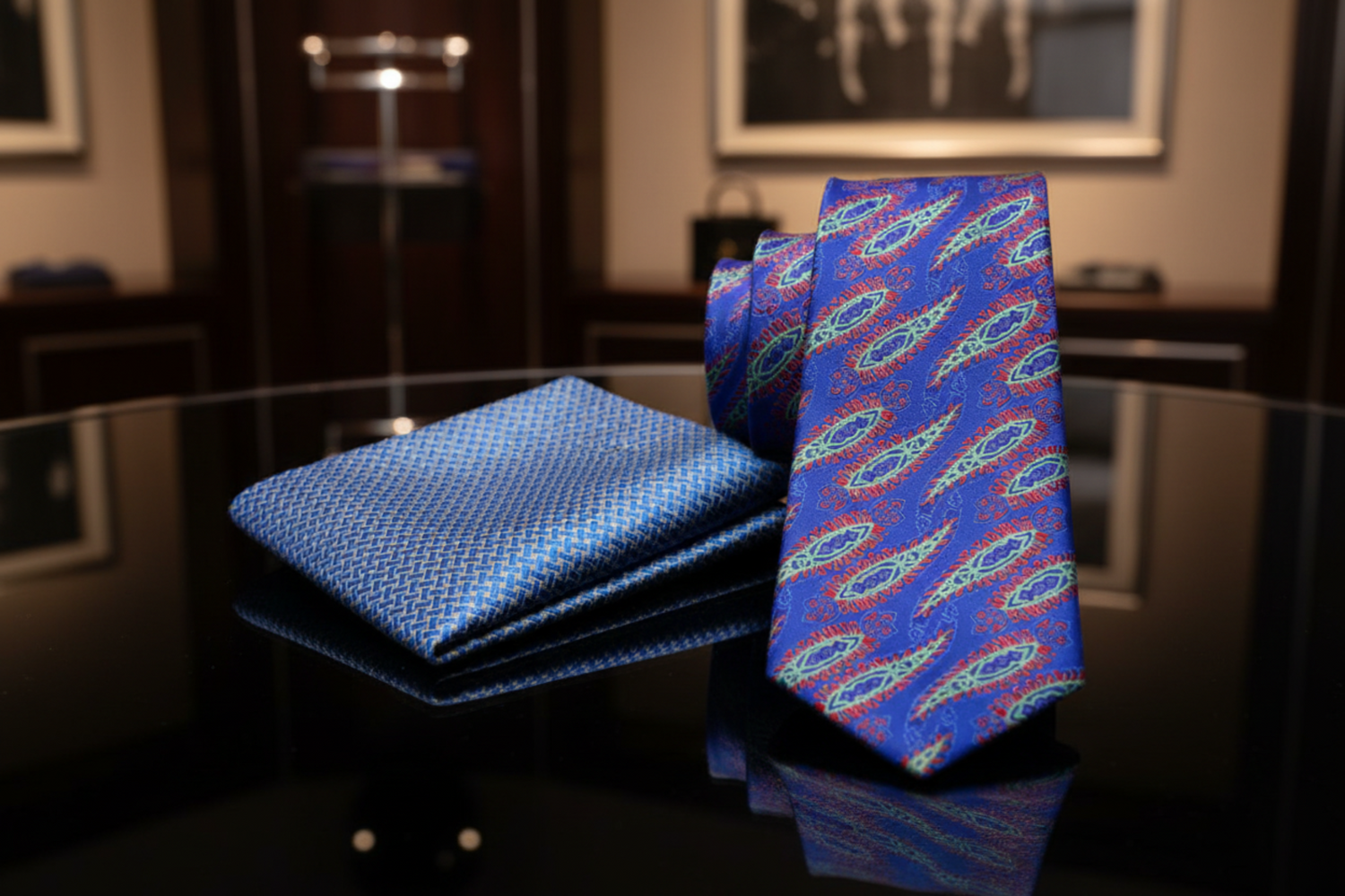 Alt View: Blue Red Green Purple Jalapeño Paisley Necktie and Square