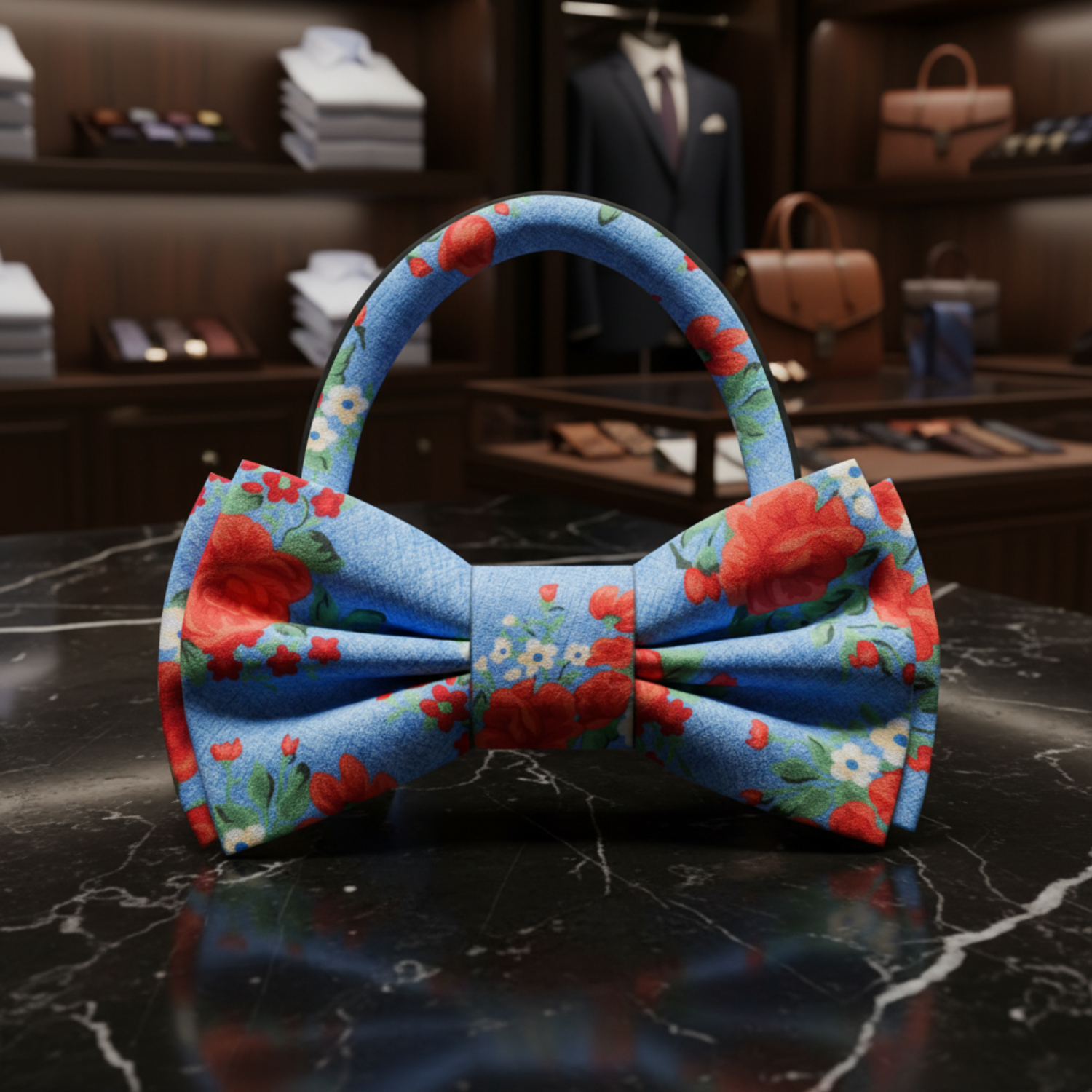 Light Blue, Red, Green Rose Bunches Bow Tie Pre Tied